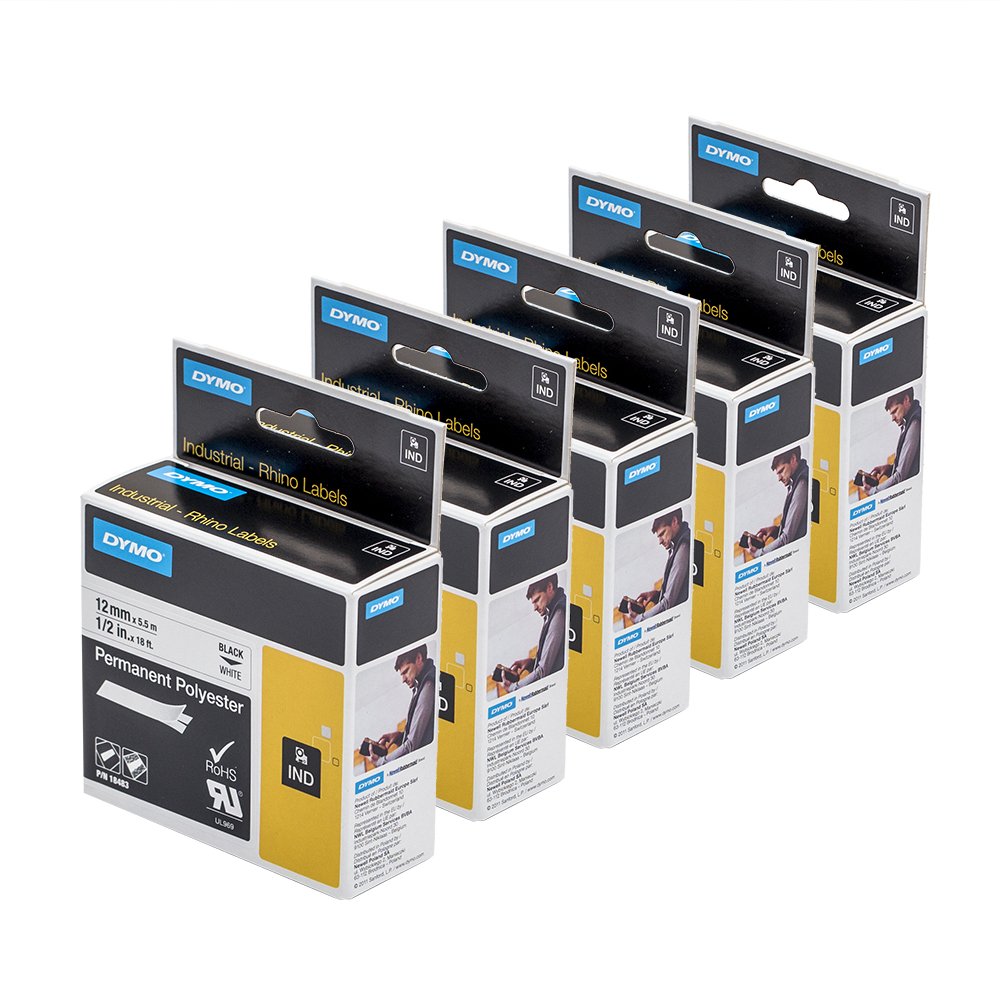 5 x Dymo 18483 Rhino industrial-strength Permanent Stoff Label Klebeband, 12 mm x 5,5 m Kassette schwarz Druck auf wei + Papermate Kugelschreiber Geschenk