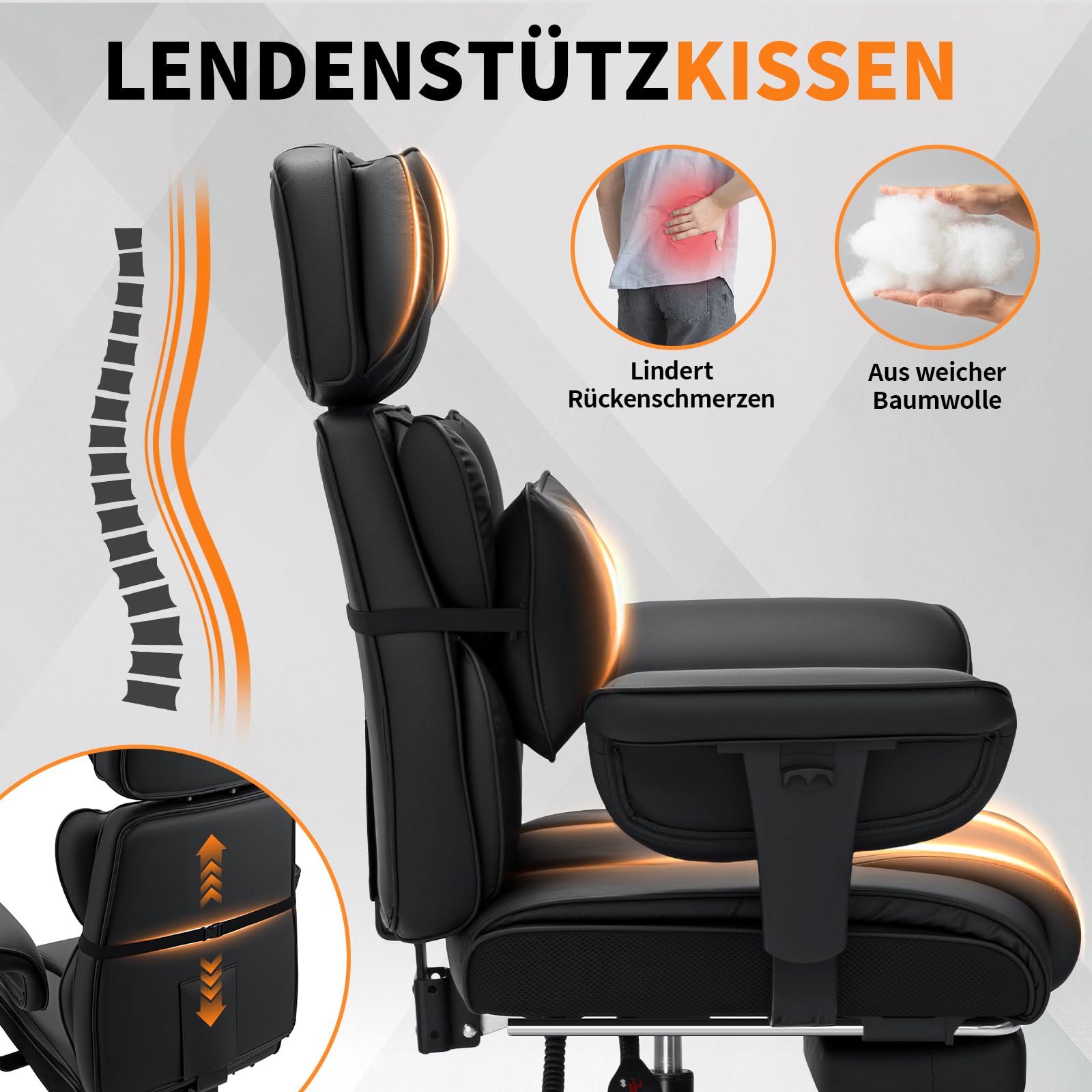 HOFFREE Ergonomischer Bürostuhl für schwergewichtige Personen bis 200kg – PU Leder Chefsessel mit Fußstütze, Hoher Rückenlehne, Verstellbaren Armlehnen und Lendenwirbelstütze in Schwarz