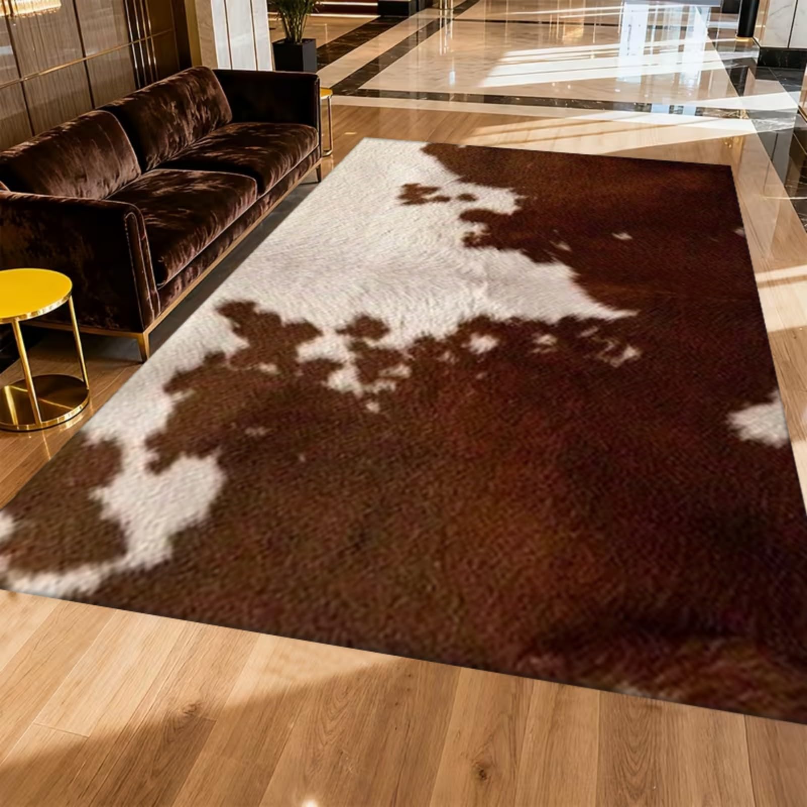 WAOTMN Western Decor Cow Hide Rug,160x230cm,White Brown Cowhide Print Washable Carpets,Anti-Slip Large Faux Cowhide Living Room Rugs for Bedroom Bedside Premium Carpet
