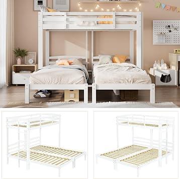 Triple Bunk Beds, Bunk Bed Triple Sleeper with Side Ladder for Children and Teens 3FT, Without Mattress, White (90x190cm,90x200cm)