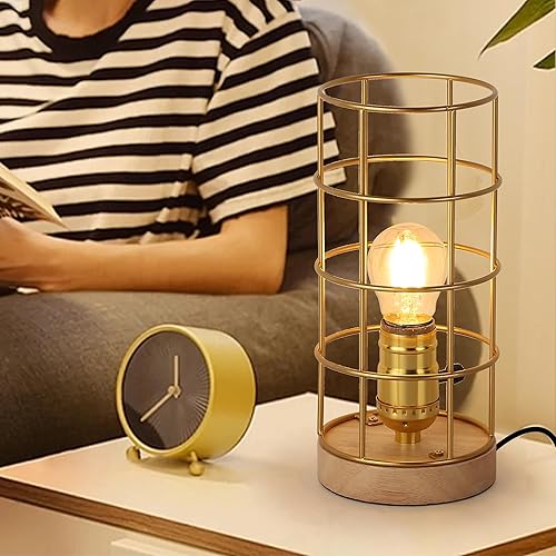 Miniatura 2 de Lámpara de mesa industrial dorada con jaula de metal, lámpara de escritorio rústica de latón con interruptor de cable enchufable, lámpara de mesa