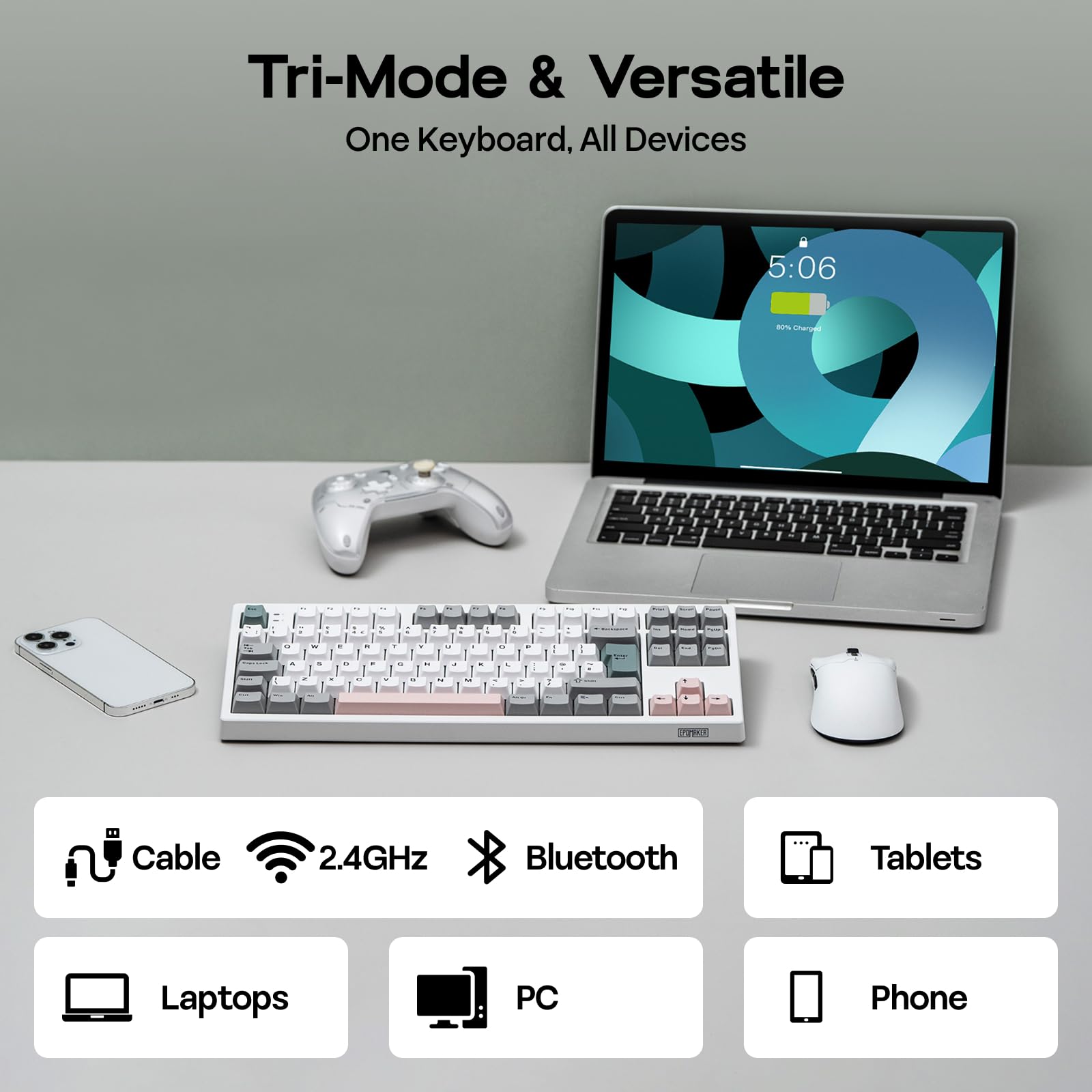 EPOMAKER TH87 Wireless Mechanical Keyboard with 10000mAh Battery, BT/2.4GHz/Wired, Hot Swap, PBT Keycap, RGB Backlit, TKL Gaming Keyboard, UK ISO Layout (White, Creamy Jade) — view 6