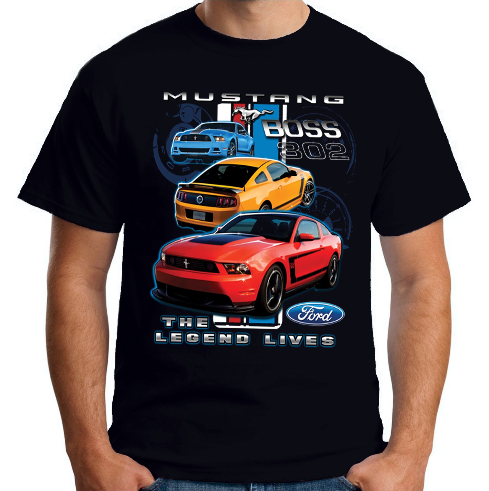 Velocitee Speed Shop Mens T-Shirt Licensed The Legend Lives Ford Mustang Boss 302 A17952