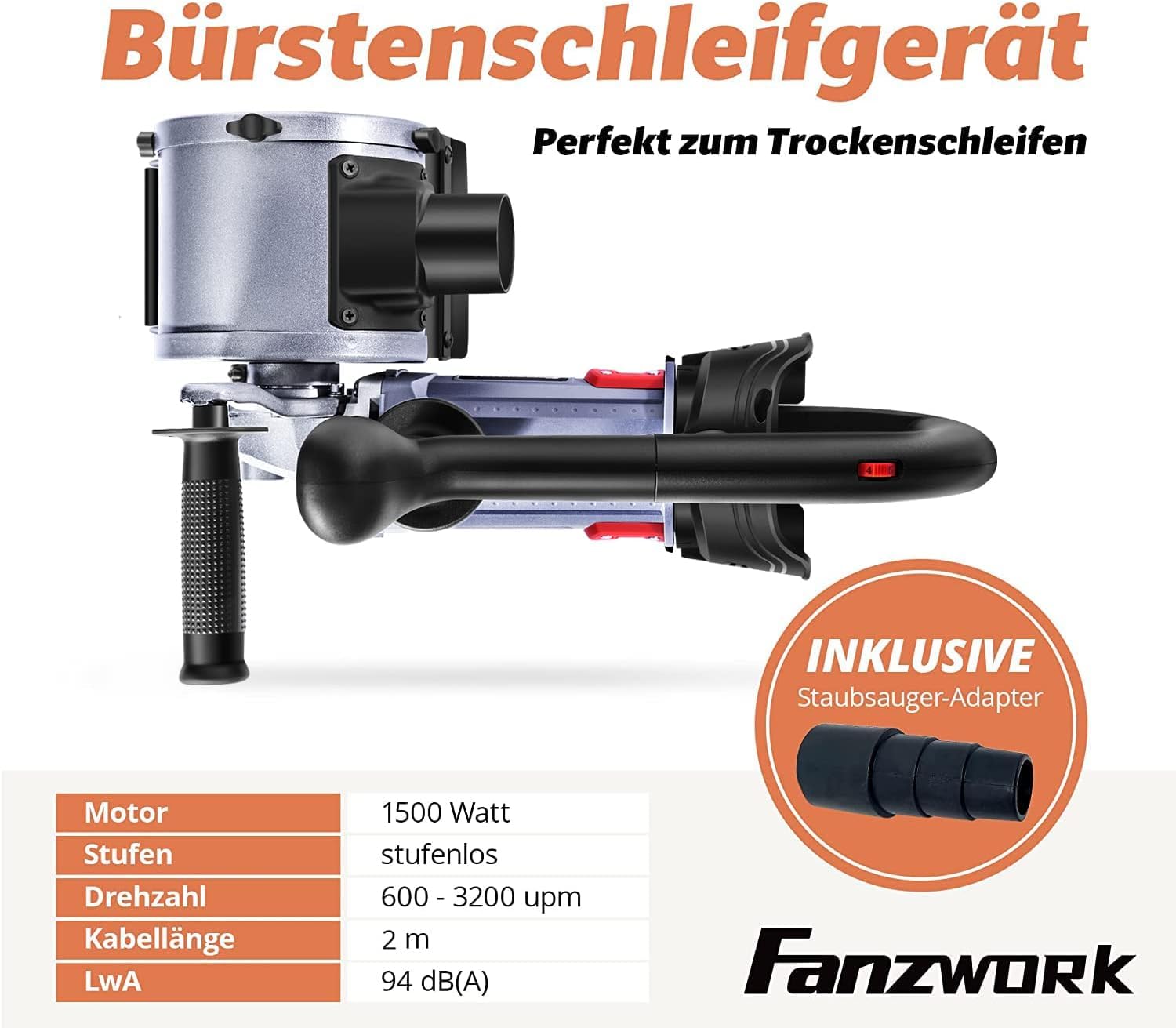 FANZWORK V2 Maszyna satynowa 1500 W do renowacji powierzchni wszelkiego rodzaju, z przyłączem odkurzacza, regulacją prędkości obrotowej, uchwytem kulowym, mosiądzem, nylonem, szczotką do papieru