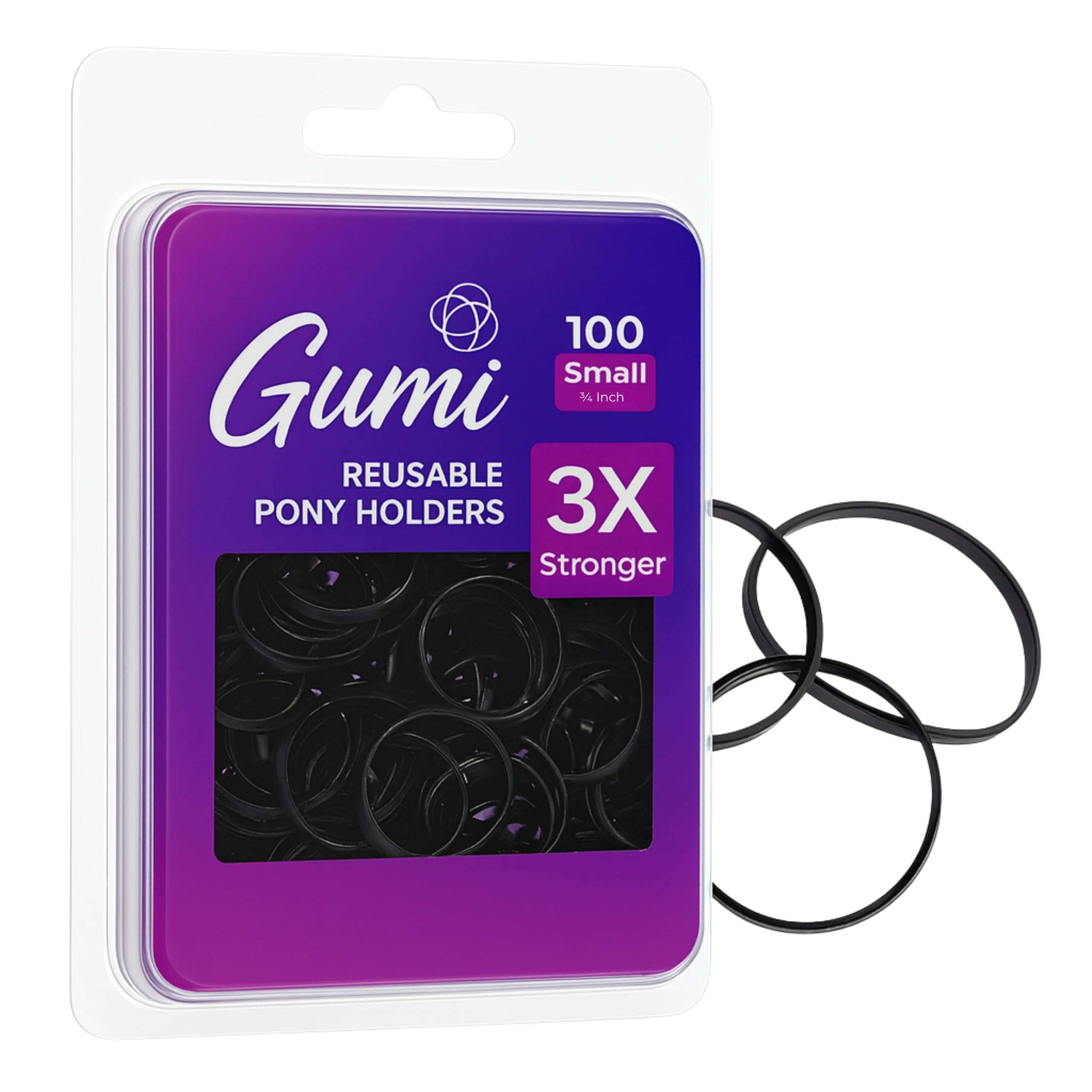 GUMI - Elastici per capelli riutilizzabili, extra forti, 100 pezzi, colore: nero