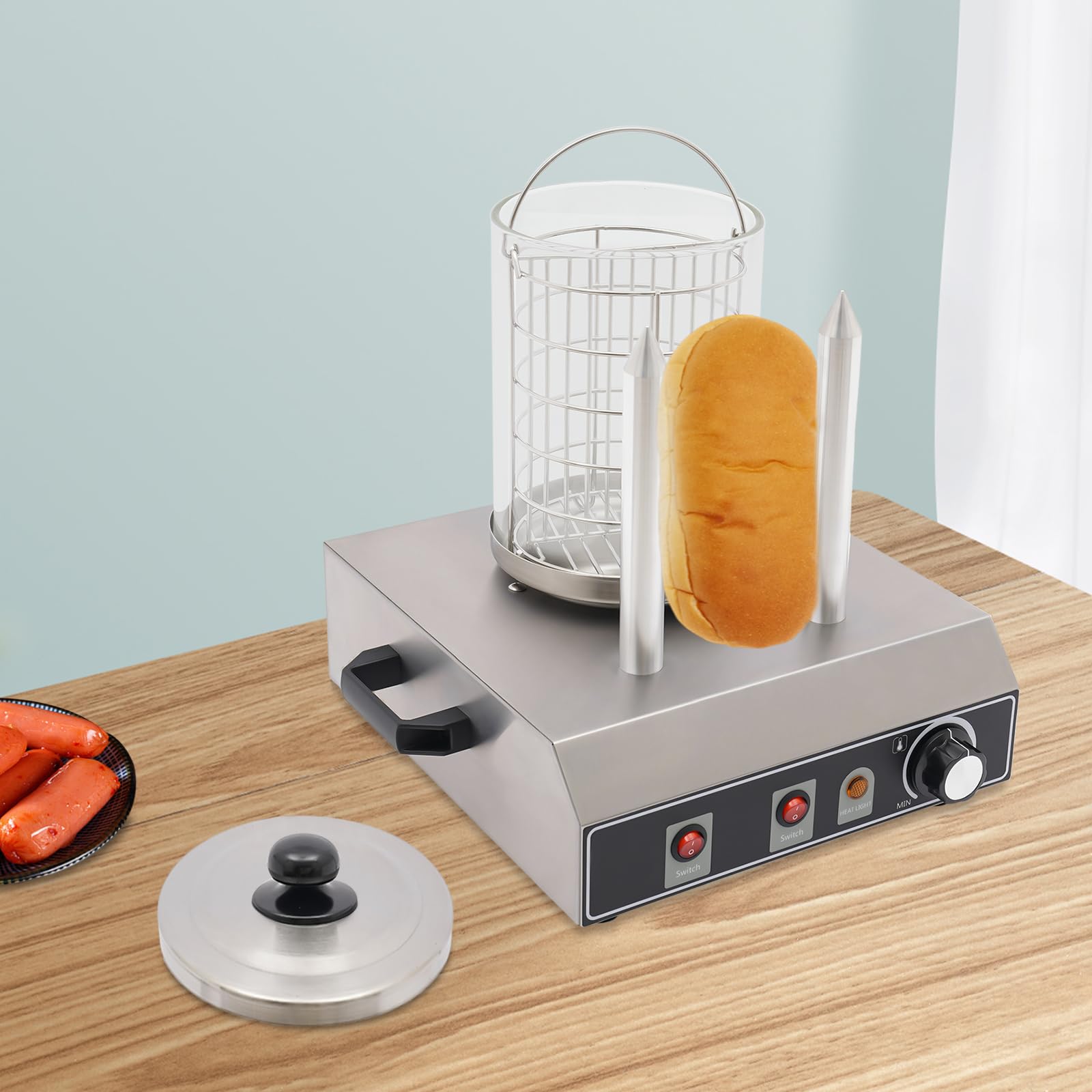 Hot Dog pojemnik na parę, 422 W, z 2 podgrzewanymi szpikulcami, podgrzewacz kiełbasek, podgrzewacz kiełbasek do restauracji, dań na przekąski, wózek z przekąskami