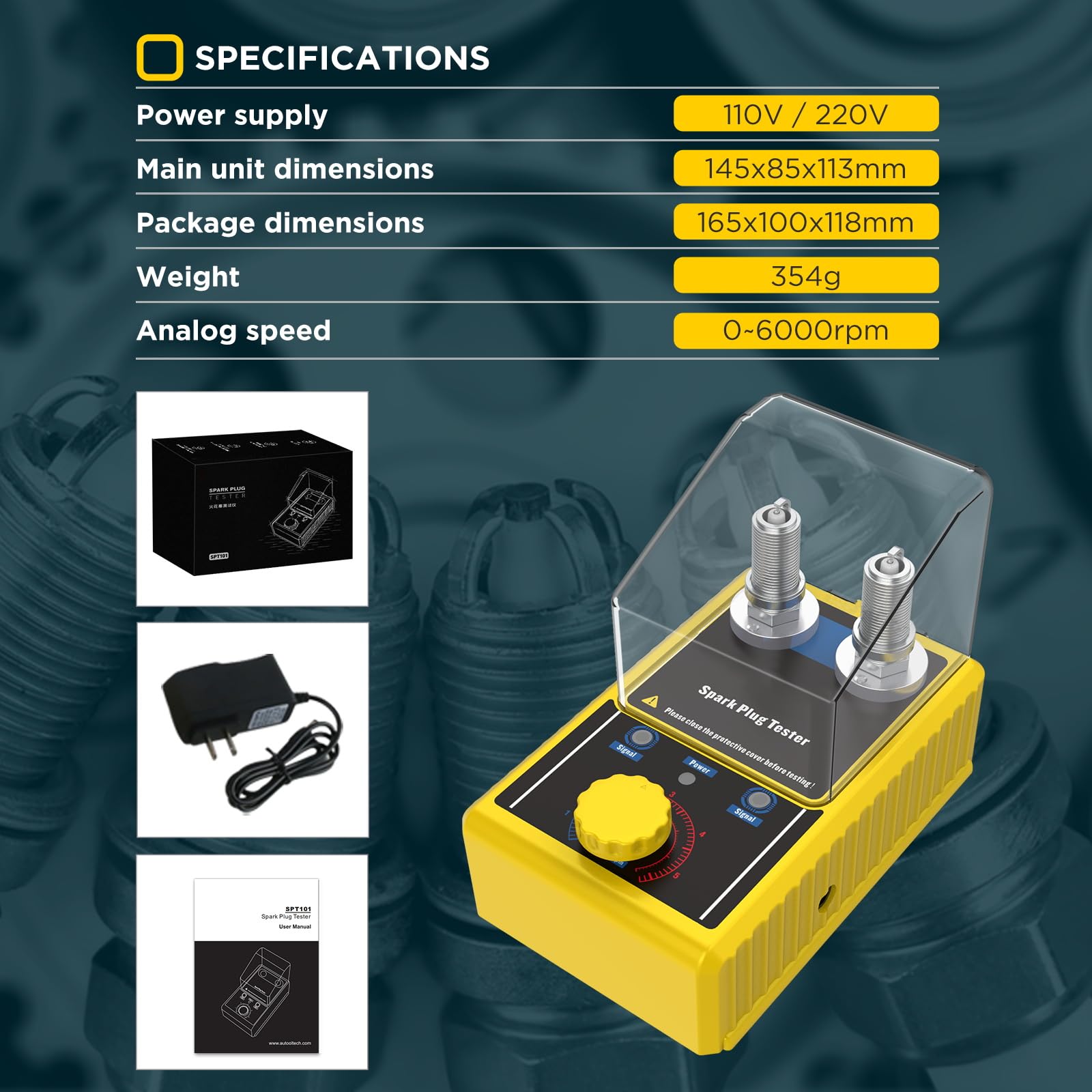 Tester per Candele Automobilistiche a Doppio Foro, BELEY Strumento Tester per Bobine di Accensione a Frequenza Regolabile 0-6000 giri/minuto & Coperchio Protettivo, per Auto e Moto a 12 V (Giallo)