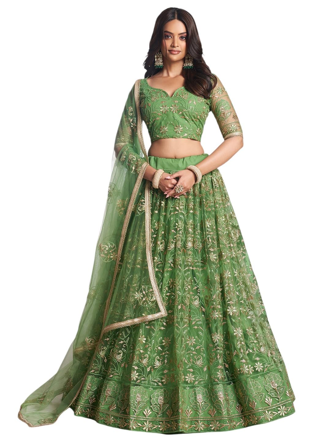 Women's Cotton Thread Sequins Work Embroidery Soft Net Readymade Lehenga Choli With Dupatta (Nfh-2205-Pista-Green-Women-Lehenga Choli Set Latest; Free Size)-image-42
