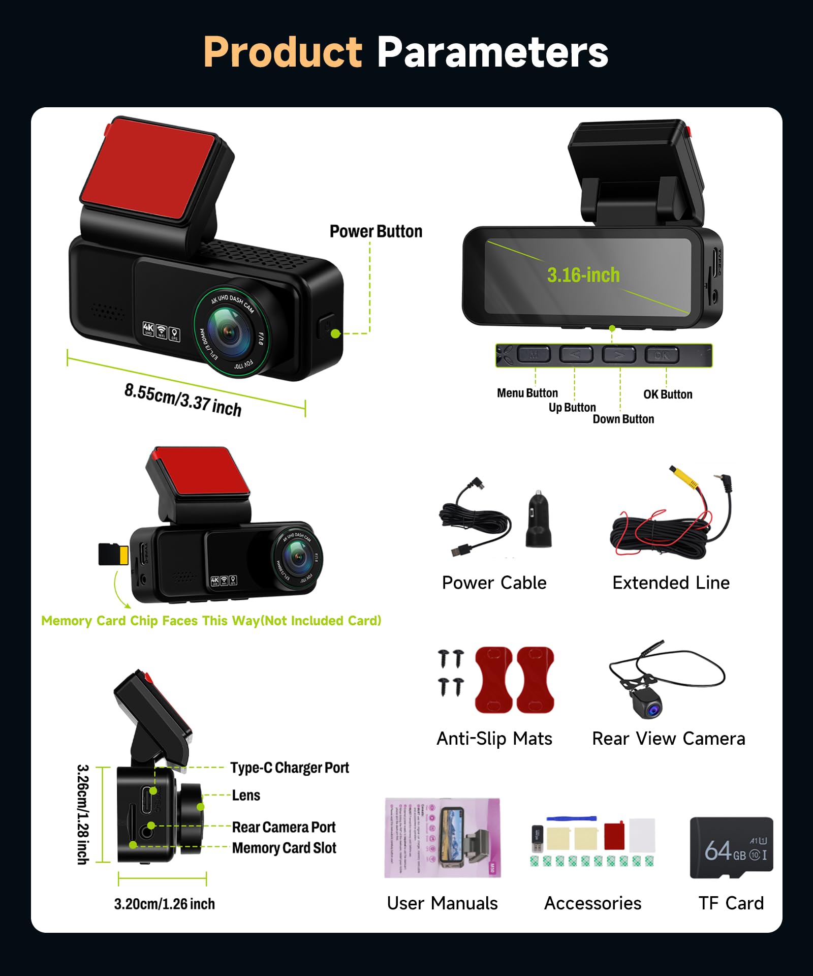 VECHTEL 4K+2K Dashcam Coche Delantera y Trasera con WiFi 5G, 2*Cámara de Coche 1080P, Pantalla IPS de 3.16 Pulgadas, Monitoreo de Estacionamiento 24H, Visión Nocturna, Sensor G, con Tarjeta de 64GB