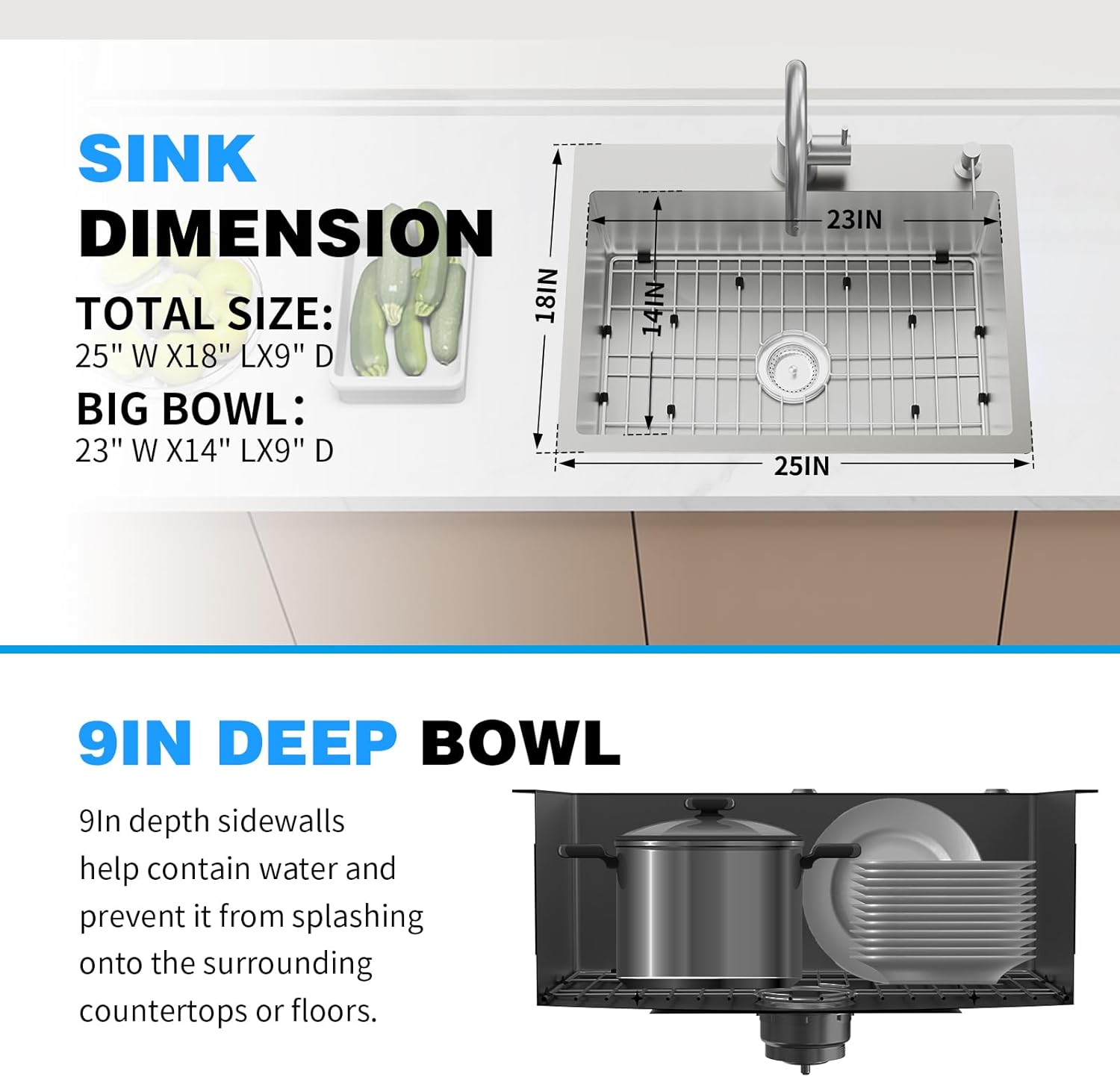 Kitchen Sink,25x18 Inch Stainless Steel Drop In Topmount Kitchen And Bar Sink Stylish and Modern Look Come With Bottom Grid,Drain Basket And Drain Assembly Add Elegance & Enhance Usability.