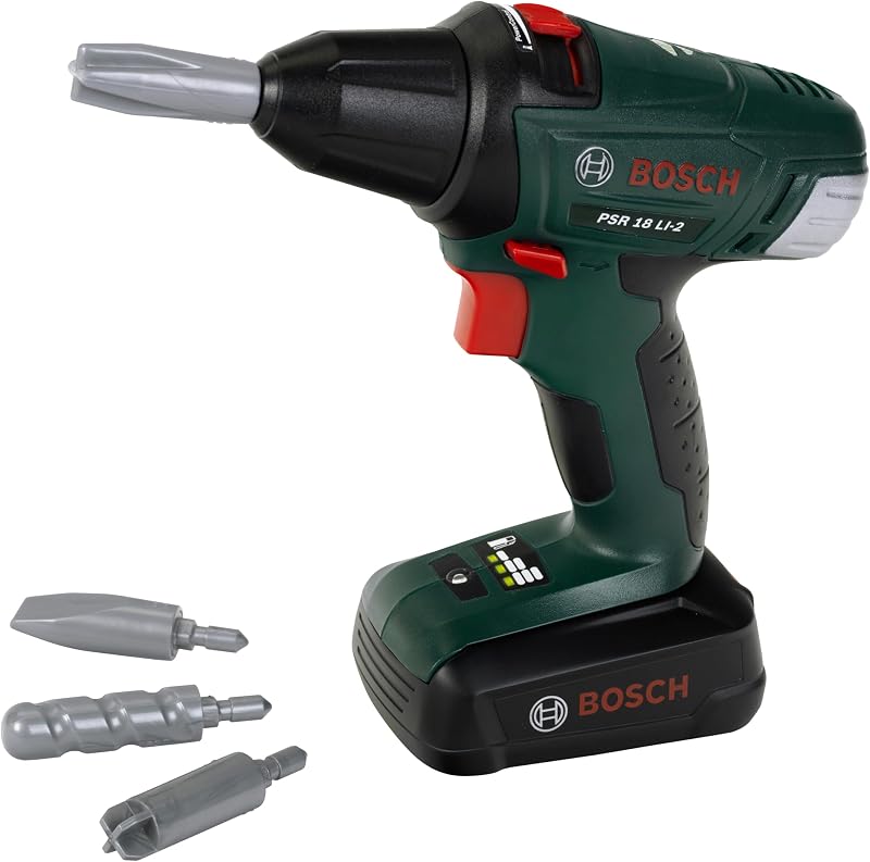 Theo Klein 8567 Avvitatore a batteria Bosch, Trapano/cacciavite a batterie con attacchi rotanti e intercambiabili, Luce e suono, 20 x 6,5 x 19 cm, Giocattolo per bambini a partire dai 3 anni di etÃ