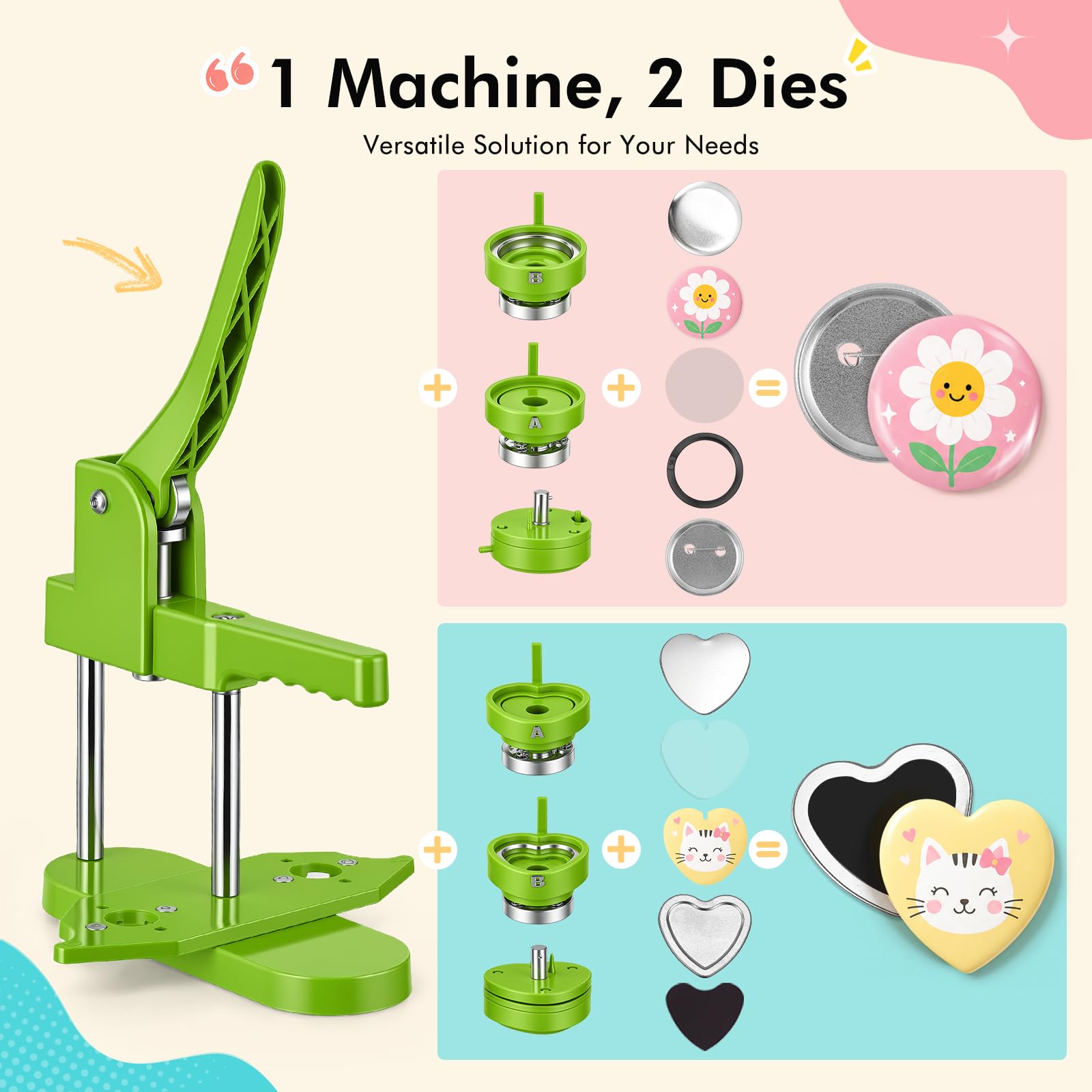 Macchina per la creazione di spillette, fustelle rotonde e a forma di cuore