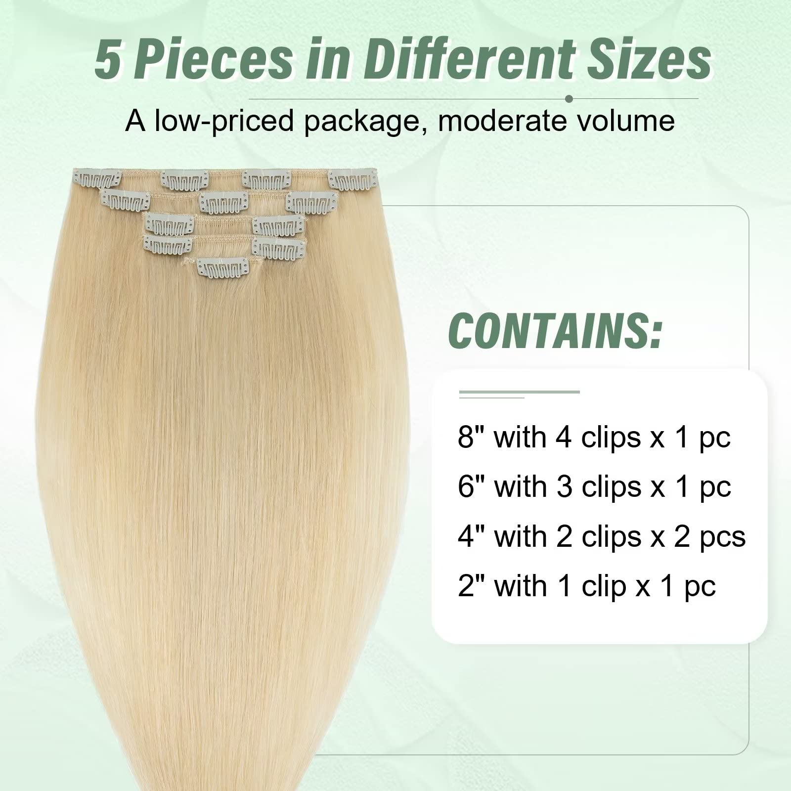 TESS Human Hair Extensions Clip in Real Hair Blonde Remy 5 Pieces Straight Natural Hairpieces for Women/Girls (#613 Bleached blonde - Image 2
