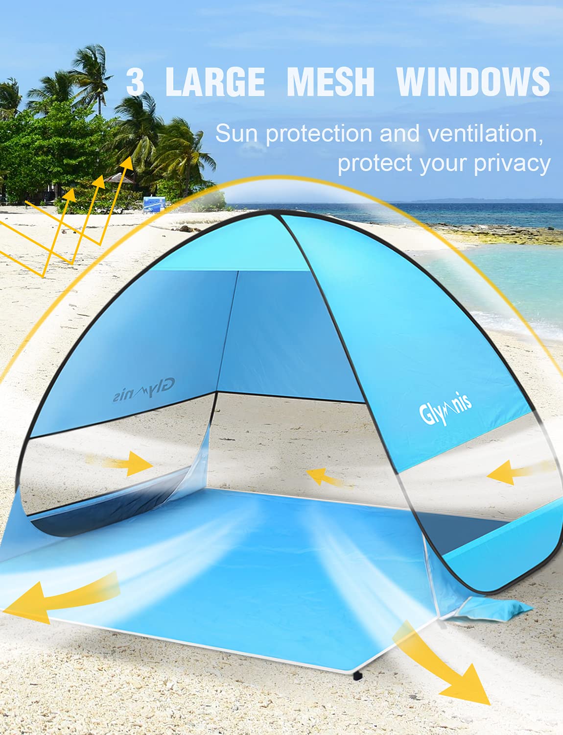 Tenda Spiaggia GLINKADO Pop Up - UPF 50+, 165x150x110cm, Per 2-3 Persone