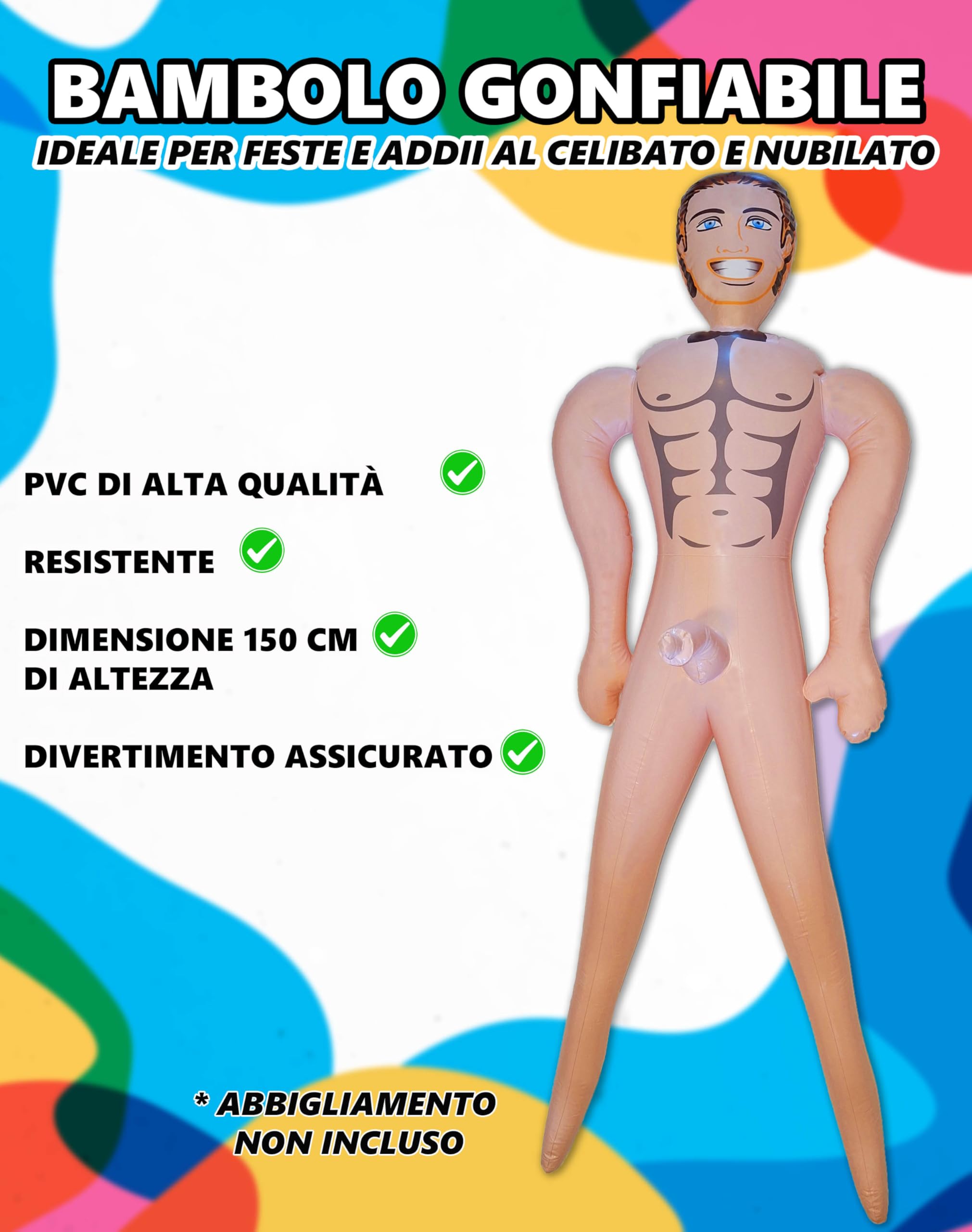 Bambolo Gonfiabile Uomo per Feste, Photocall di Matrimonio, Addii al Celibato e Nubilato. 150 cm