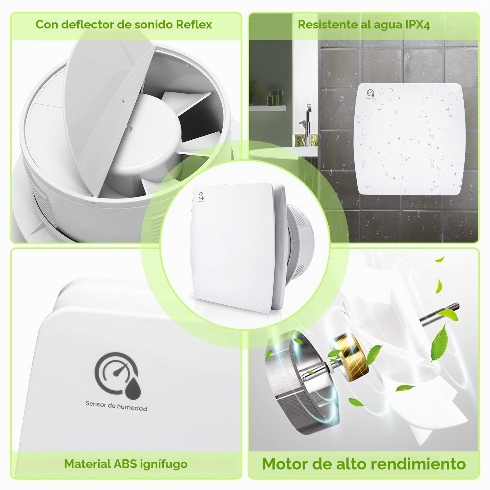 Randaco Ventilador Extractor de Baño silencioso 100 mm con sensor de humedad, para baño, aseo, cocina, blanco