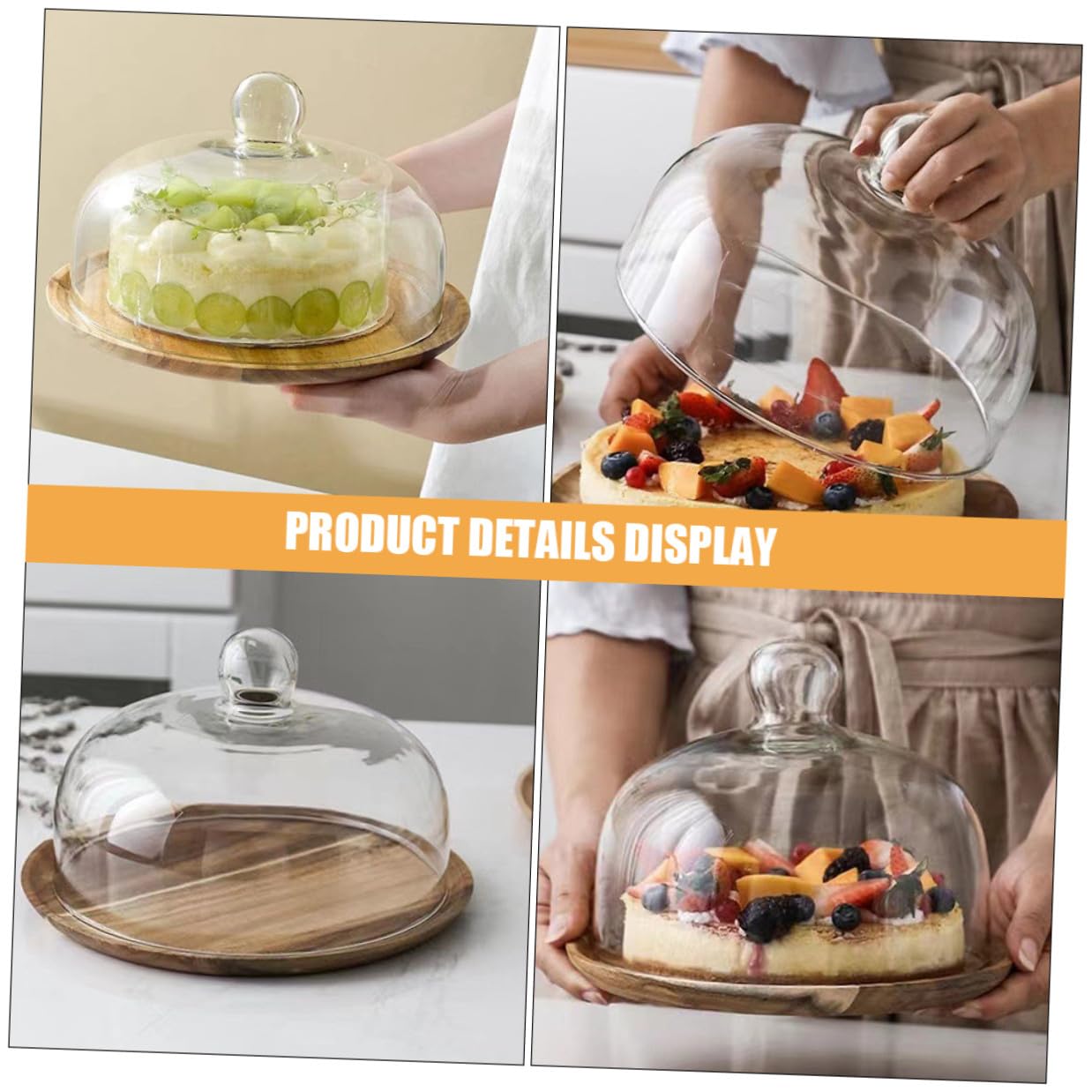 CLISPEED Bandeja de Madera Acacia 25 Cm Cúpula de Vidrio Transparente, Soporte para Pasteles y Postres, Bandeja de Exhibición para Repostería, Adecuado para Cocina y Eventos