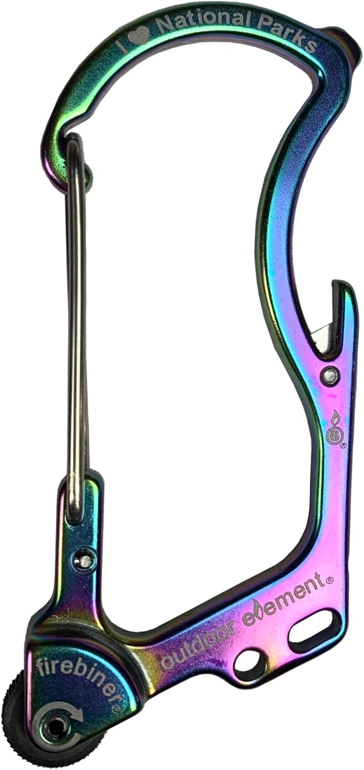 OUTDOOR ELEMENT Firebiner Custom Engraved 6-in-1 Fire Starter Carabiner Multitool – Survival Gear EDC Keychain with Utility Blade, Bottle Opener, Screwdriver, Emergency Tool