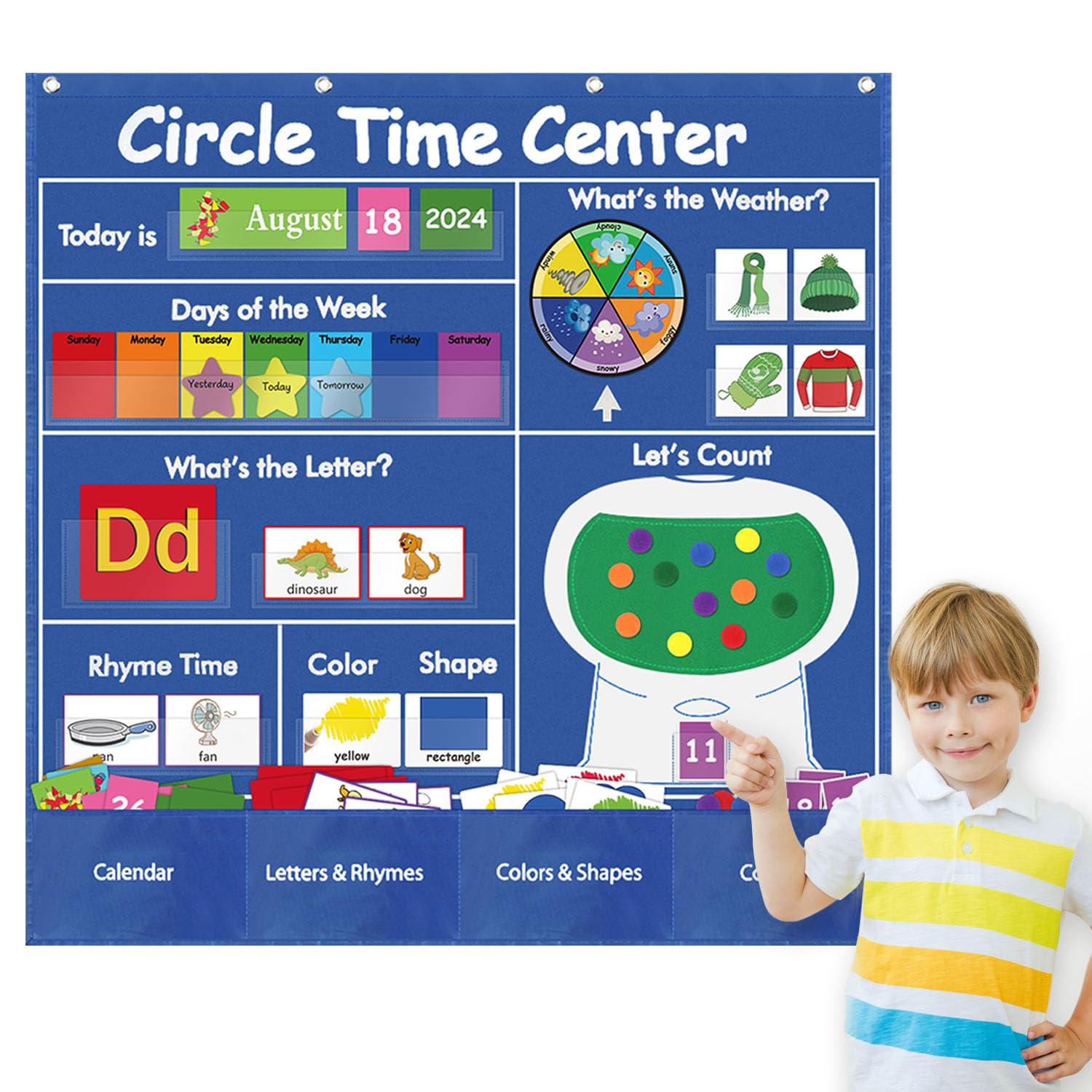 Boczif Circle Time Learning Center Pocket Chart for Classroom, Educational Teaching Materials Learning Calendar Weather Number Counting Letter Color