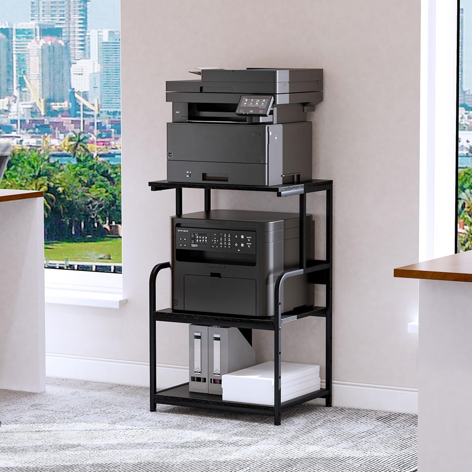 3-Tier Printer Stand, Large Printer Table on Wheels, Movable Printer Stand with Storage, Rolling Printer Cart for Fax Scanner Files Media Player, Multifunctional Trolley for Office Home Kitchen, Black