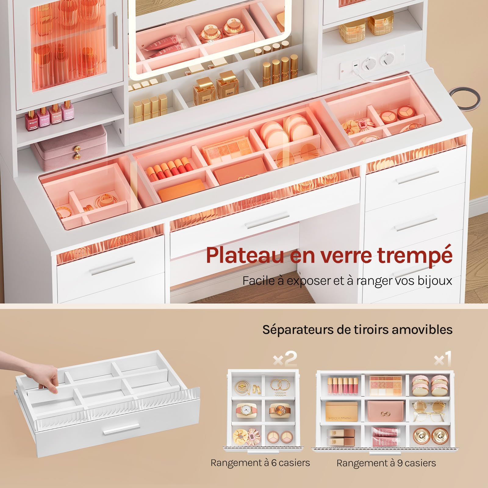 WOLTU Coiffeuse avec Miroir LED Réglable et Éclairage RGB, Grande Coiffeuse avec Plateau en Verre, 9 Tiroirs, Prise de Courant, 2 Placards avec Portes, Table de Maquillage Moderne pour Chambre, Blanc