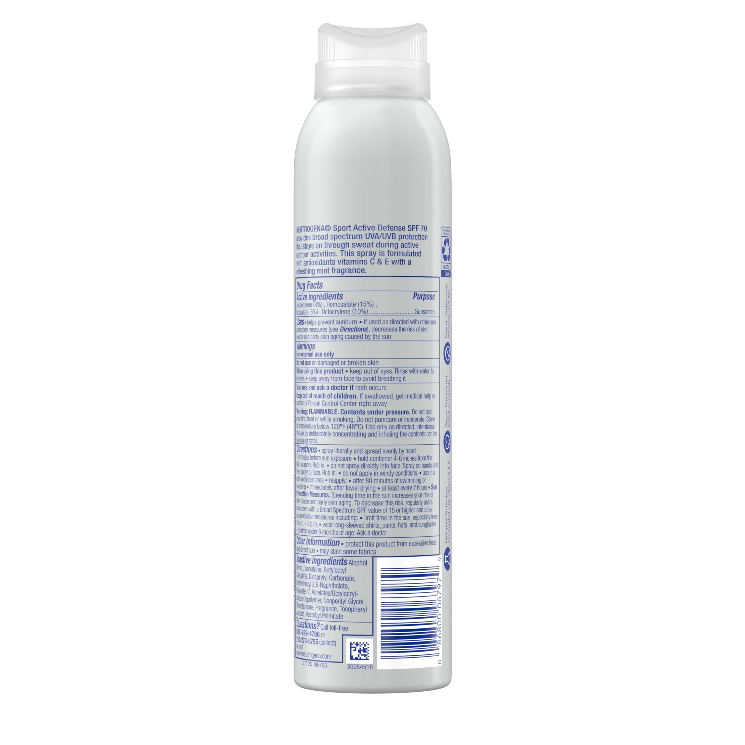 Neutrogena Sport Active Defense SPF 70 Lot de 2 sprays de protection solaire résistants à la transpiration et à l'eau avec protection du spectre large pour la prévention des rayons du soleil, sans