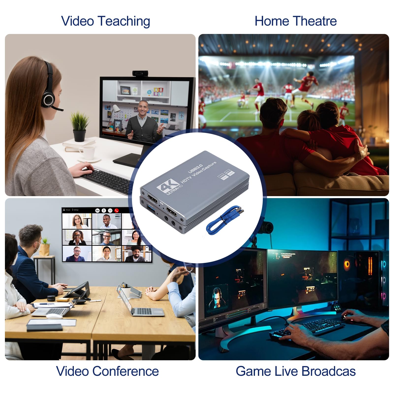 Tarjeta de Captura HDMI 4K para Streaming, 1080P 60FPS USB 3.0, Dispositivo de Captura de Vídeo HDMI, Latencia Cero para Streaming, Grabación, Juegos, Plug and Play