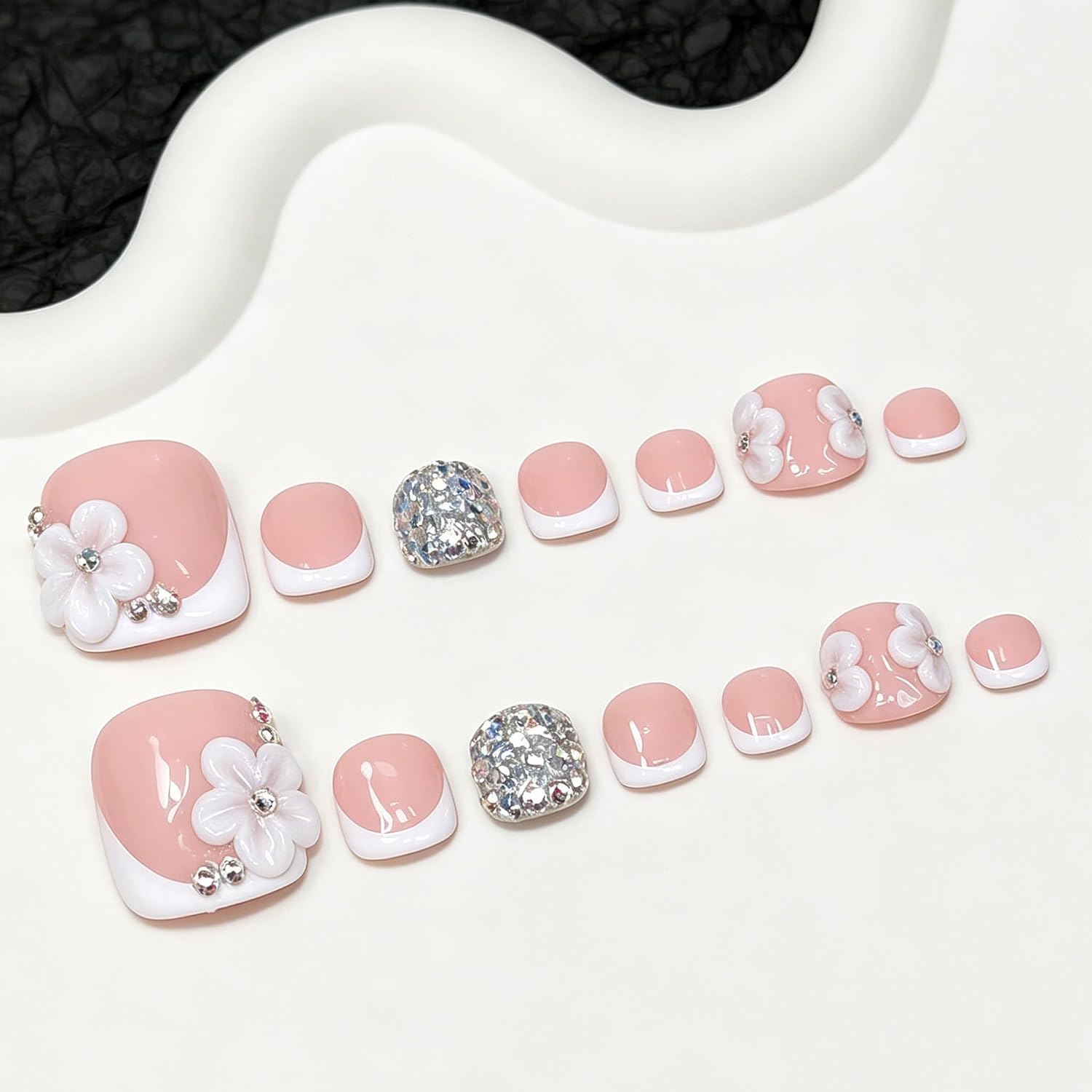 14 Pcs Flower Handmade Press on Toenails Luxury 3D Rhinestone Art Decor Short Square Hand Made Floral Muti-Layer Gel Fake Toe Nails White French Tips Toenail Press ons Acrylic Stick on Foot Nails (M)