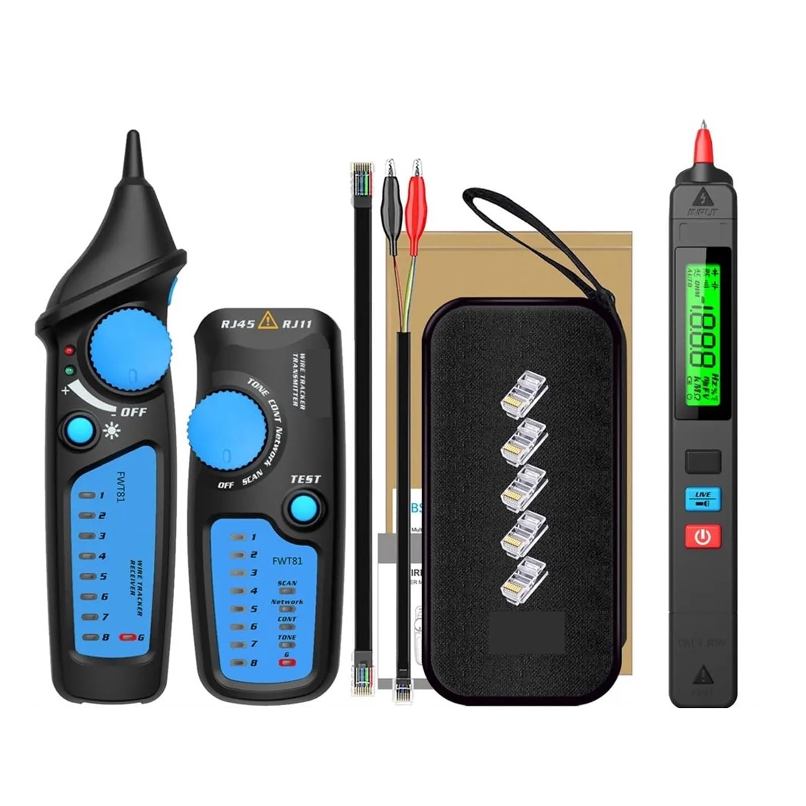 Lokalizator Kabli Sieciowych Detecteur FWT81 RJ11/45 Lan Ethernet Tester Przewodów Telefonicznych Finder Narzędzie Telekomunikacyjne Praca Zelektryfikowana 48V Lekki, PrzenośNy,(FWT81 Tool kits)