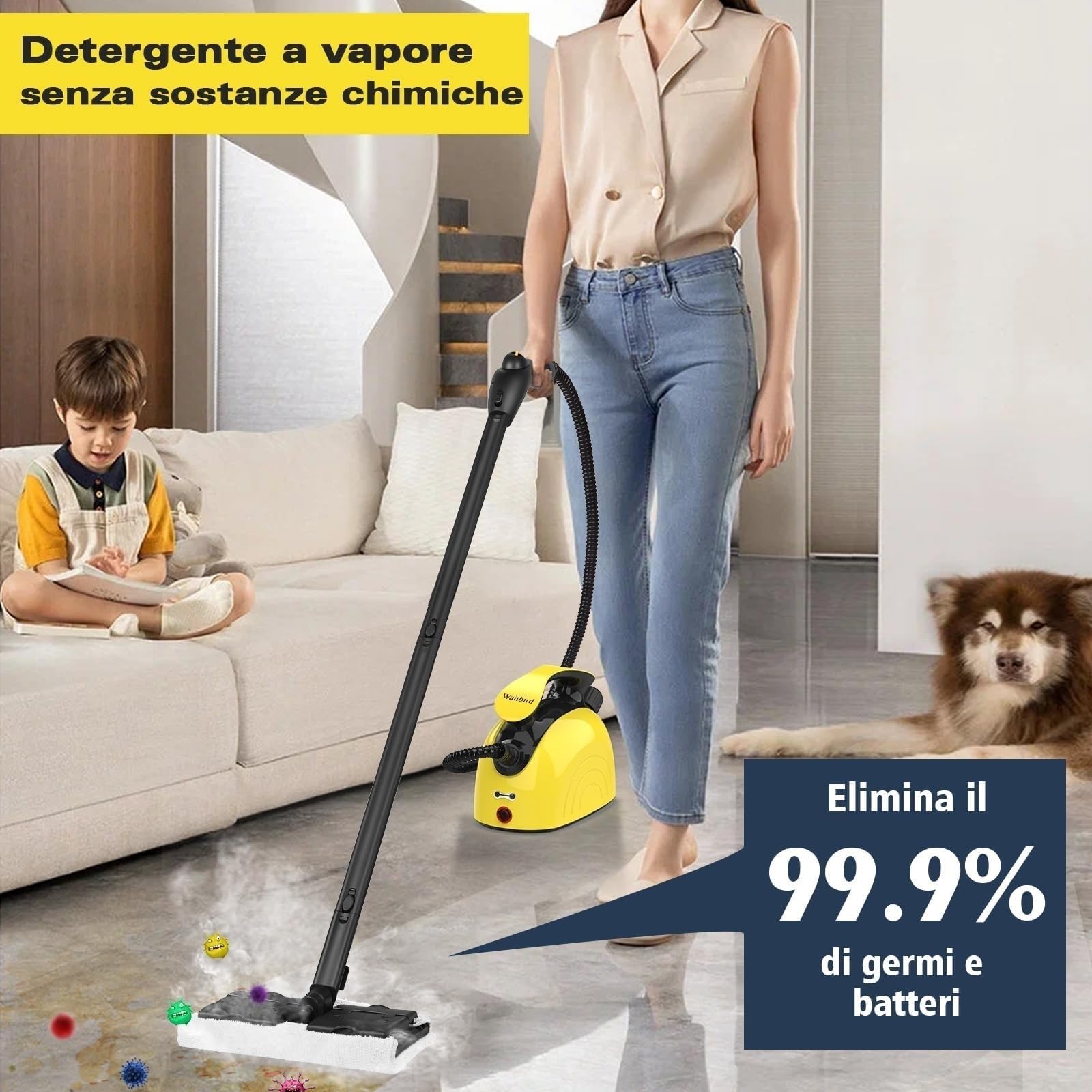 Waitbird Pulitore a vapore multifunzione per la casa, 4,5 bar ad alta pressione e 120 °C, 1500 W, riscaldamento rapido in 5 minuti, serbatoio da 1100 ml, 21 accessori, per pavimenti, divano