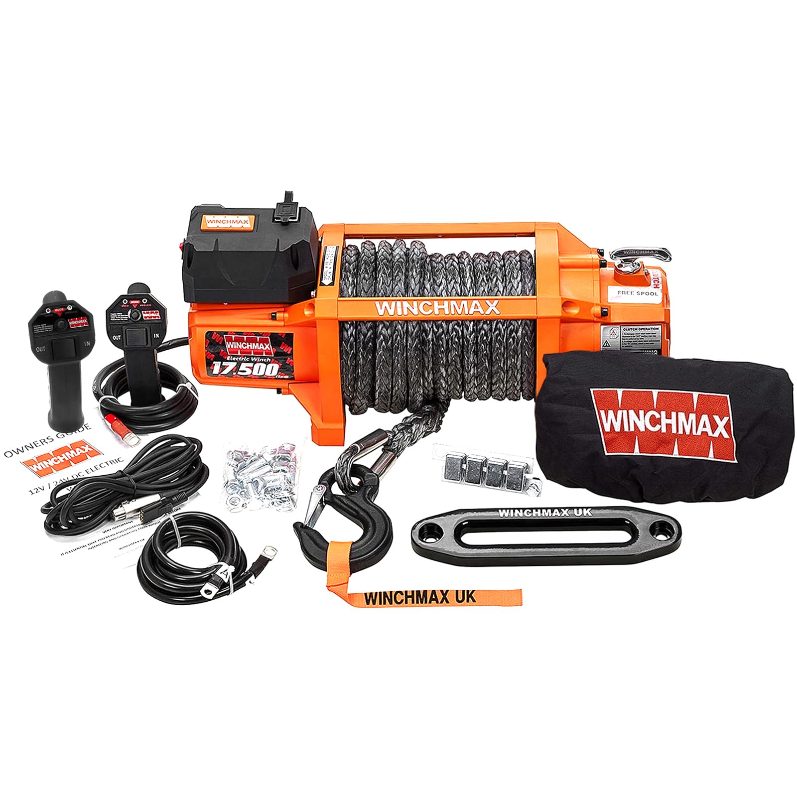 WINCHMAX 17500lb / 7938kg Original orangefarbene 24v elektrische Winde, 26m x 13mm Dyneema SK75 Mehrsträngiges synthetisches Seil. Wettkampfhaken, kabellose Fernbedienung