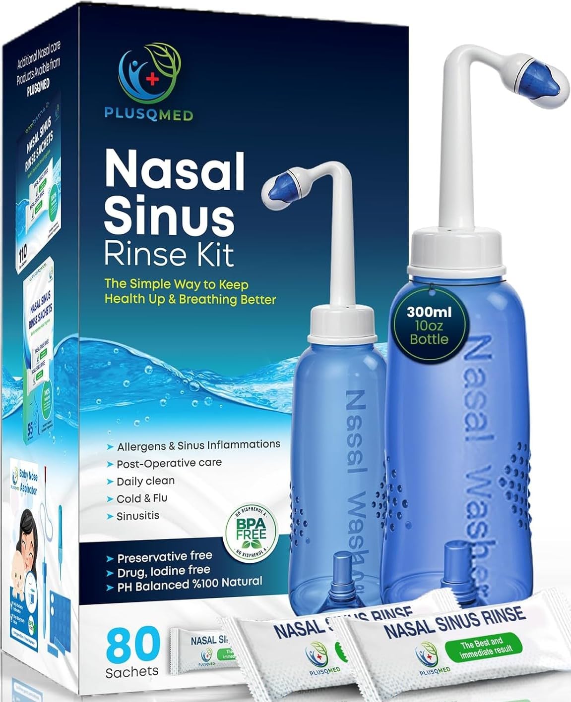 Kit de enjuague nasal, botella Neti Pot de 300 ml + 80 paquetes de solución salina, sistema de enjuague sinusal para adultos y niños, natural, sin medicamentos, lavado nasal equilibrado con pH para