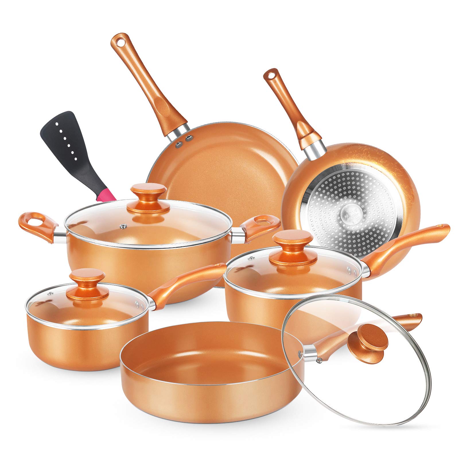 KUTIME 11pcs Cookware Set, Pots and Pans Set, Non-stick Frying Pan Set Copper Ceramic Coating Stock Pot, Sauce Pans, Deep ...
