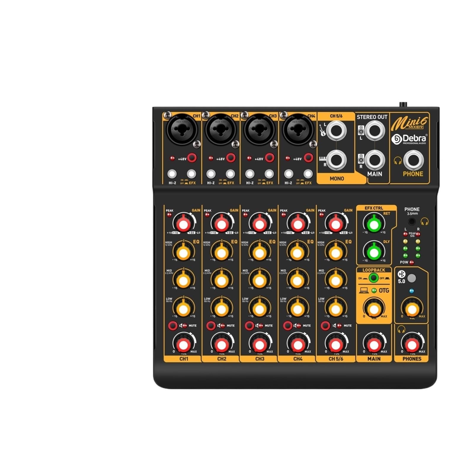 Mixer per DJ, OTG Metal Mixer DJ Console Mini6 con Bluetooth 48V Power Delay Repeat Effect for la Registrazione di Console di mixaggio su PC(Mini6 OTG)