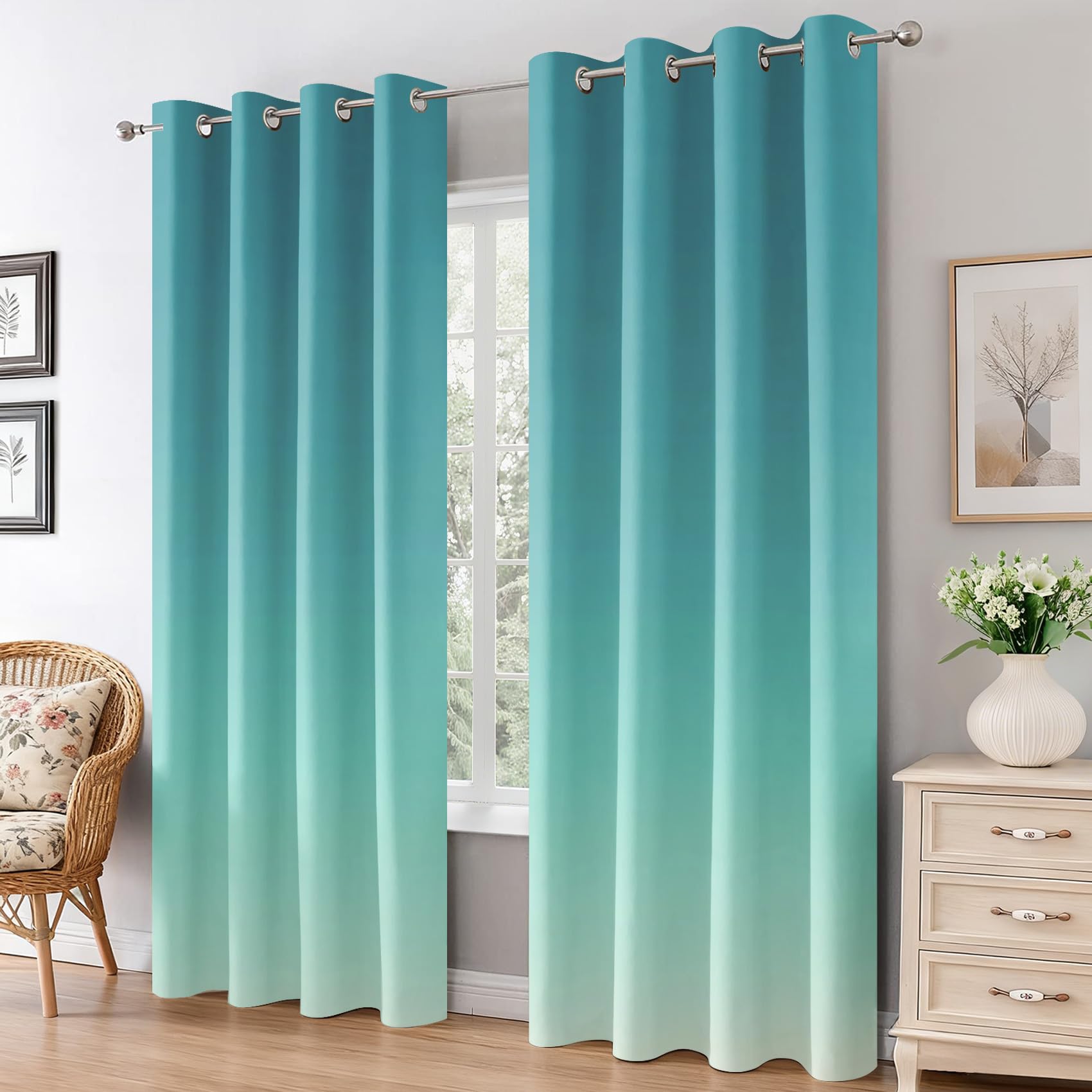 Generisch Türkis Ombré Vorhänge Wohnzimmer, Vorhang Blickdicht Türkis Farbverlauf Gardinen mit Ösen Schlafzimmer, Thermo Verdunklungsvorhänge 2er Set H200 x B140 cm pw&24