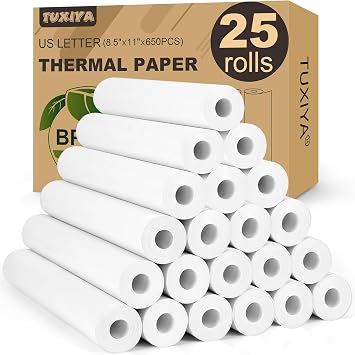 TUXIYA 25 Rolls Thermal Printer Paper 8.5"x11" US Letter Size