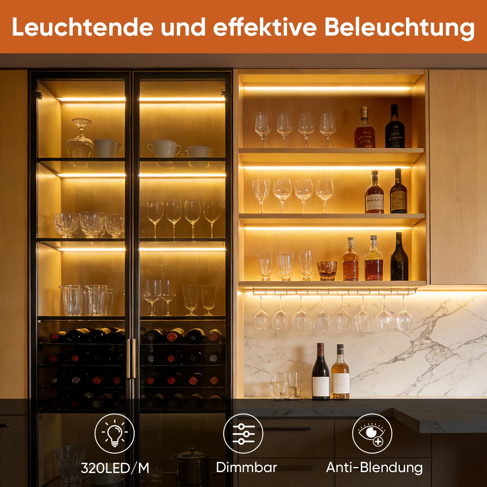 Schrankbeleuchtung Set, COB LED Strip 2 m 6 Rollen, Warmweiß Dimmbar mit Touch-Schalter, Kürzbar, Geeignet für Vitrinen, Weinschränke, Ausstellungsvitrinen und Küchen