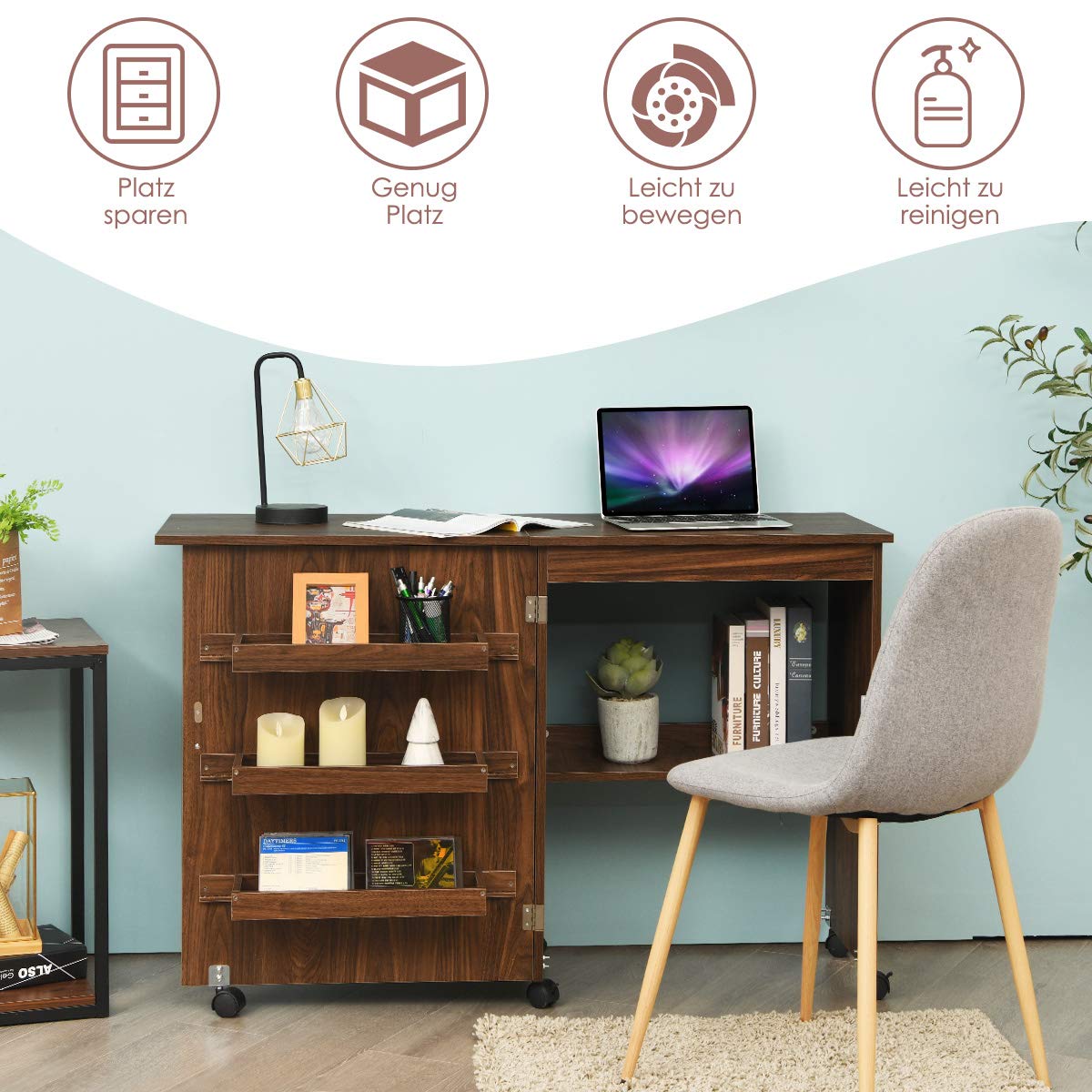 GOPLUS Nähtisch Faltbar, Nähmaschinentisch auf Rollen, Nähschrank Nähmaschinenschrank Computertisch Schreibtisch Arbeitstisch (Braun)
