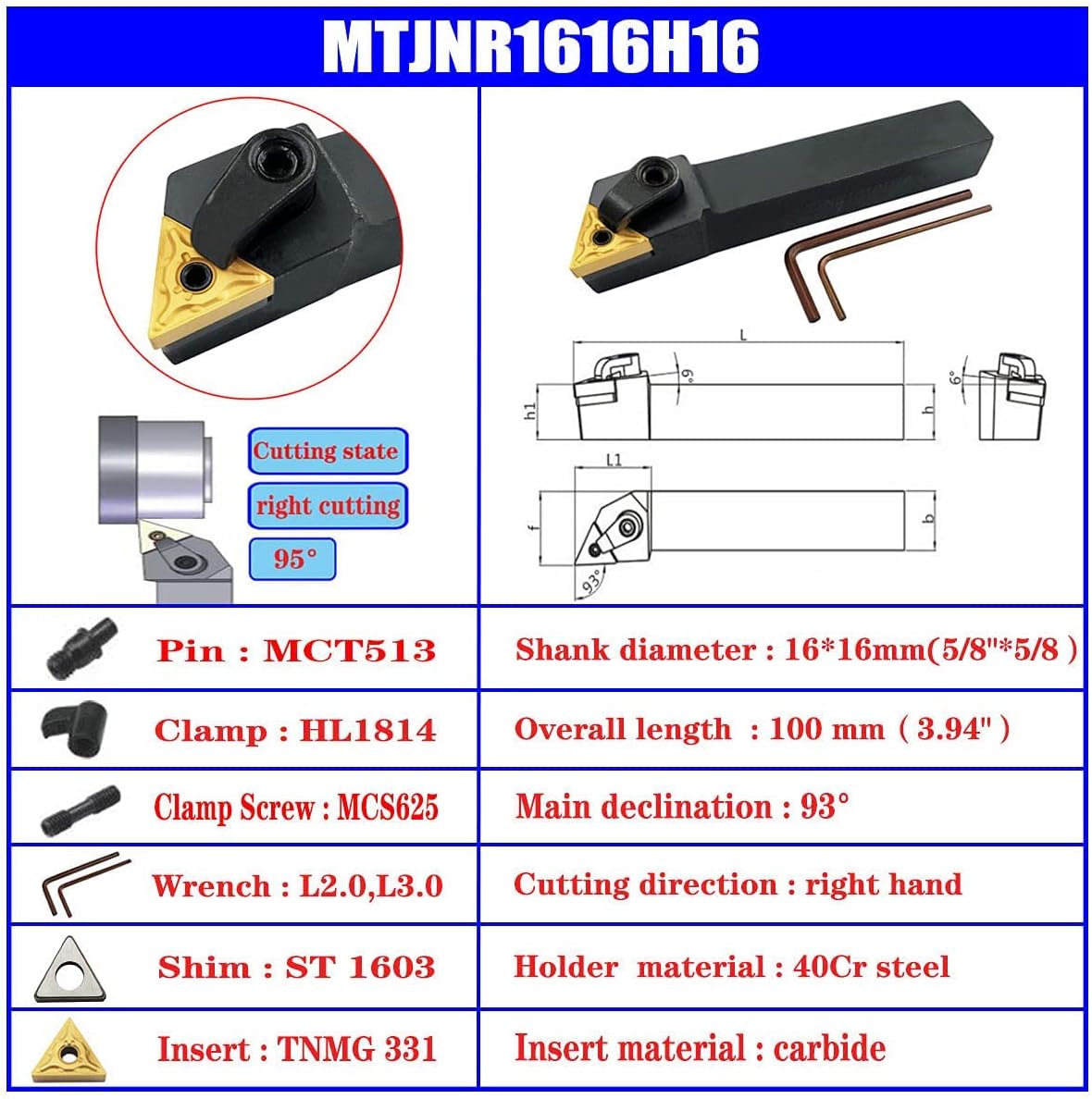 3PCS 5/8" CNC Lathe Excircle Indexable Carbide Turning Tool Holder Bit Set MTJNR1616H16 + MWLNR1616H08 + MCLNR1616H12 with 3pcs wnmg431, cnmg431, tnmg331 Indexable Carbide Inserts (Right Cutting)