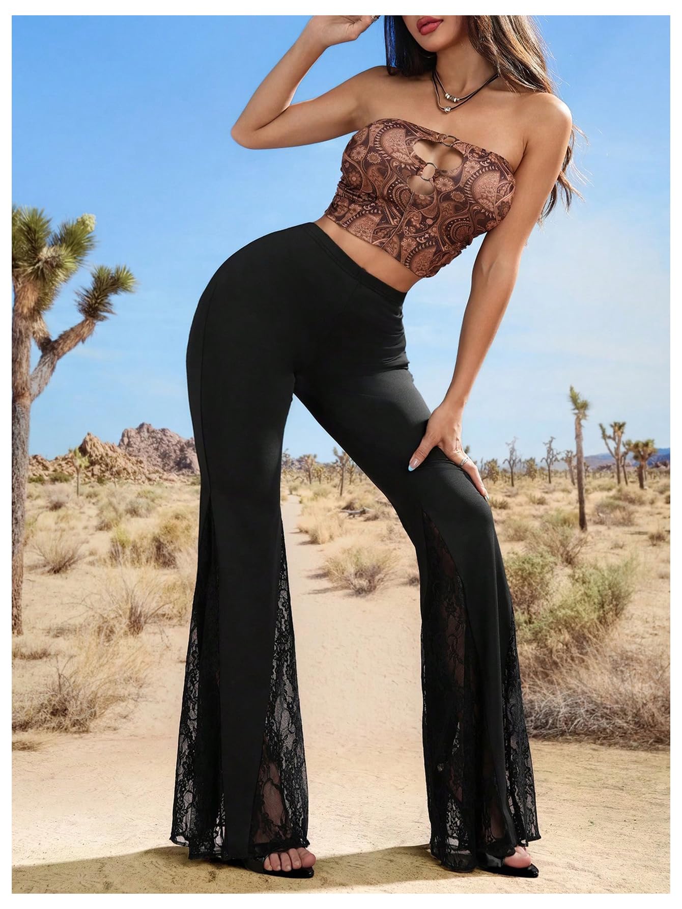 Floerns Women's Floral Lace Pants Going Out Flare Elegant Dress Casual Trousers