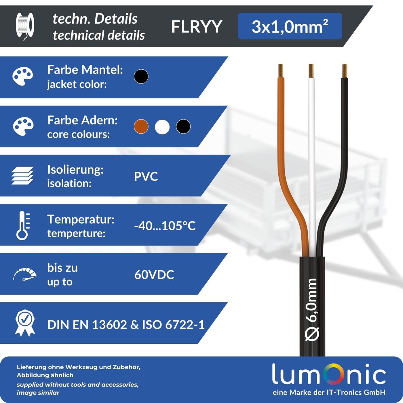 Lumonic 10m FLRYY Fahrzeugleitung 3x1mm² schwarz | 3-adrig | Anhängerkabel | mehradriges KFZ-Kabel | Öl- und Kraftstoffbeständig, flammwidrig | Niedervolt