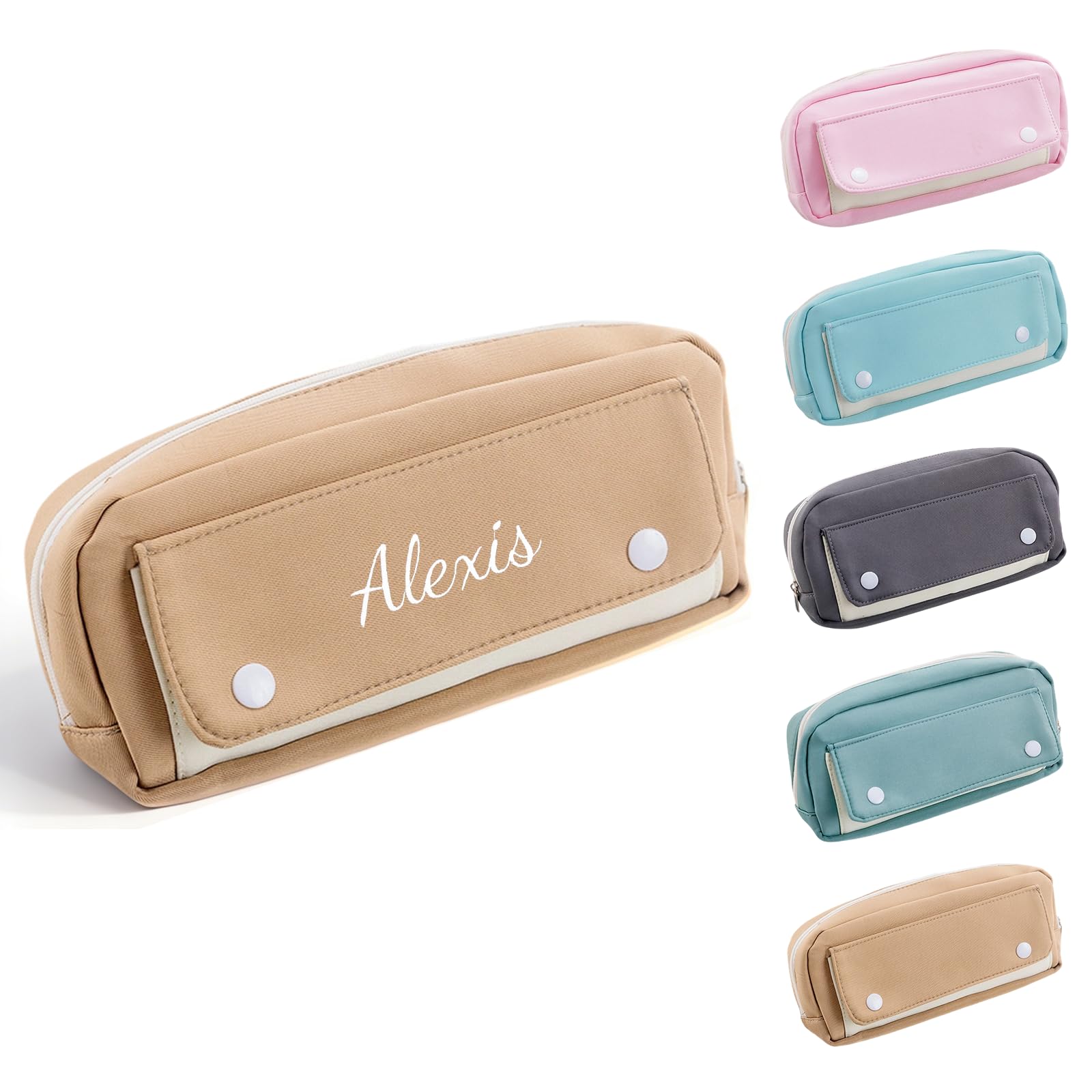 Personalized Pencil Case, Large Capacity Pencil Pouch with Snap, Khaki