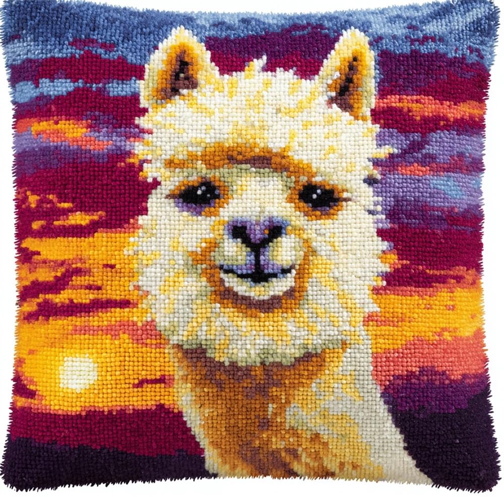 FWRTYCB 3D Pillow Latch Hook Embroidery Kits Alpaca At Sunset Cushion Art