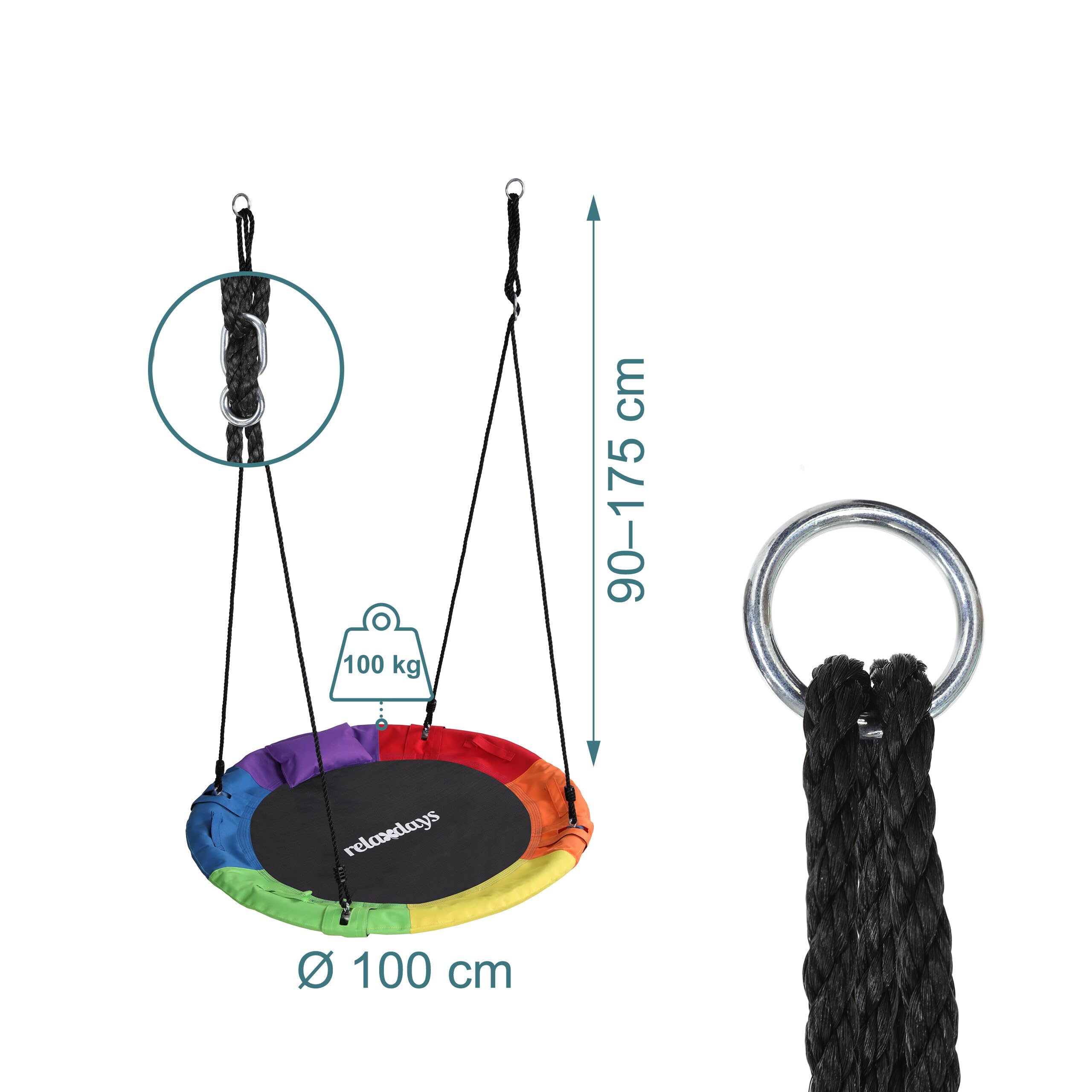 Relaxdays Balançoire nid Ronde pour Enfants, réglable, extérieur, Ø 100 cm, jusqu'à 100 kg, Multicolore