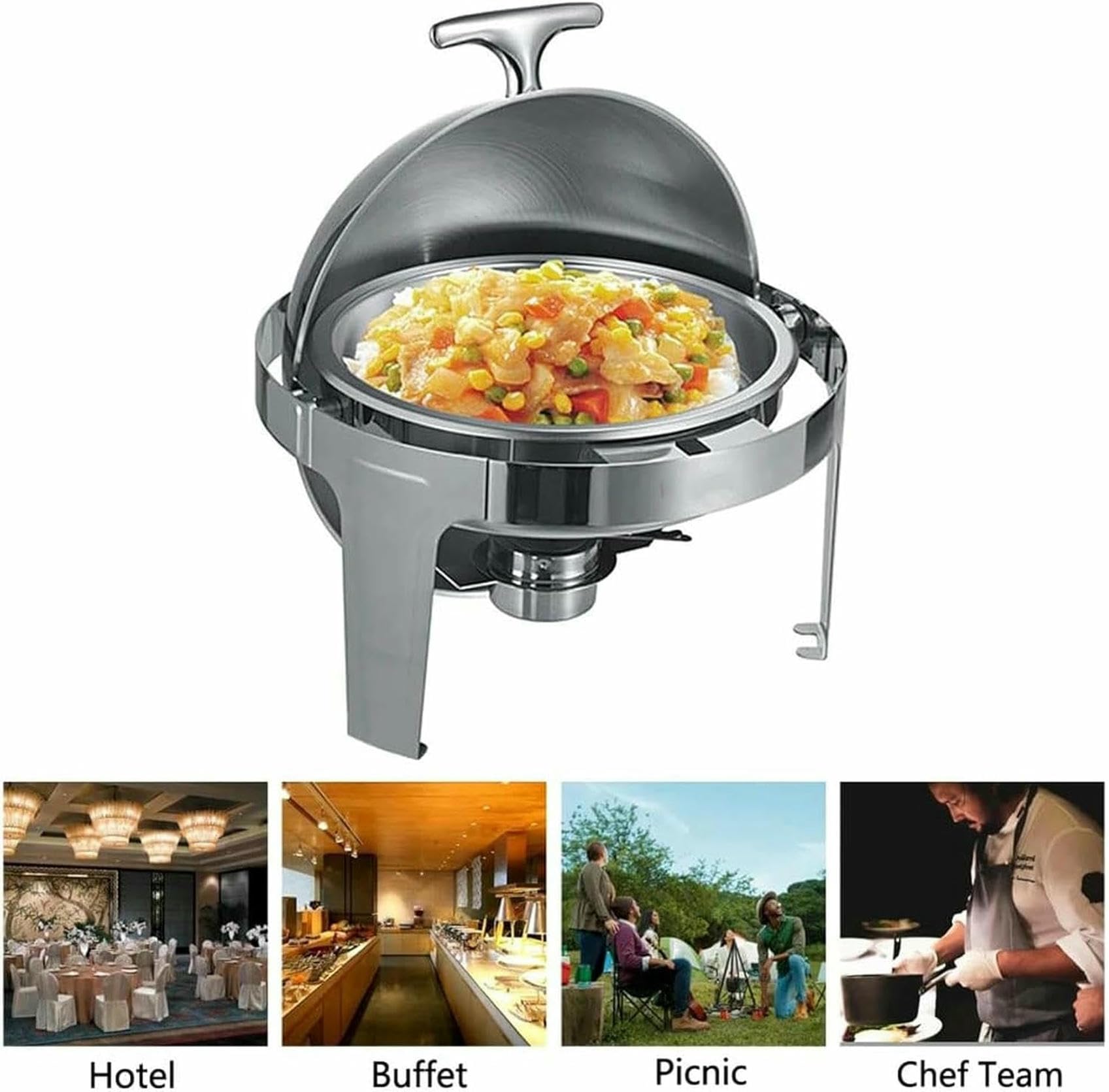 Chafing Dish in Acciaio Inossidabile da 6,8 l con Coperchio a Rullo, scaldavivande Rotondo con teglia per Cibo, teglia per Acqua, Supporto per combustibile per Mantenere Il Cibo Caldo~/