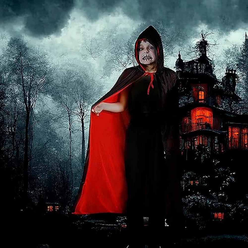 Mantello Da Vampiro Double Face - Nero/Rosso, 175 Cm, Con Cappuccio, Per Halloween E Cosplay - Foto 3