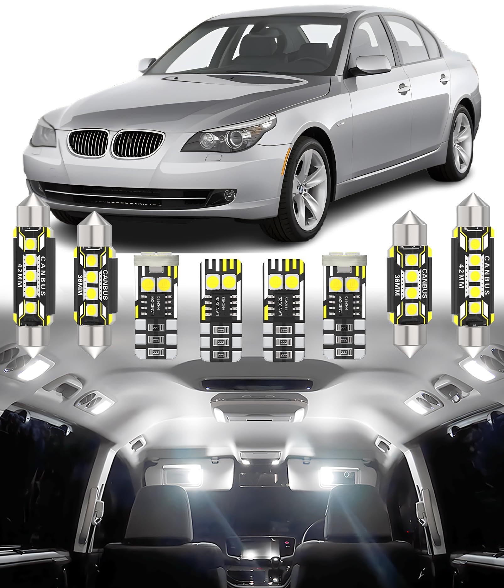 BMT xms 21pz Kit di Luci LED per Interni per BMW 5 Series E60 E61 Sedan Wagon Touring 2004-2010, Lampadine LED per Interni Auto e Camion 6000K Bianco Luminoso