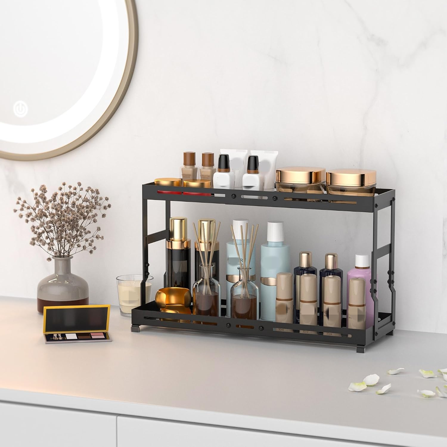 Adjustable Sturdy Metal Shelving Unit，2-Tier Organizer Countertop,Suitable for Kitchen Countertop, Bathroom, Makeup Table, Store Large Skincare etc image 2