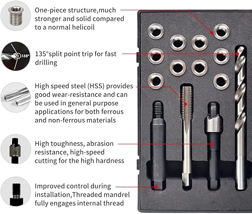 Miniatura 2 de Kit de reparación de rosca M10x1.5 con taladro HSS de inserción de 0.551 in, grifo, avellanado, controlador de instalación, inserto de acero