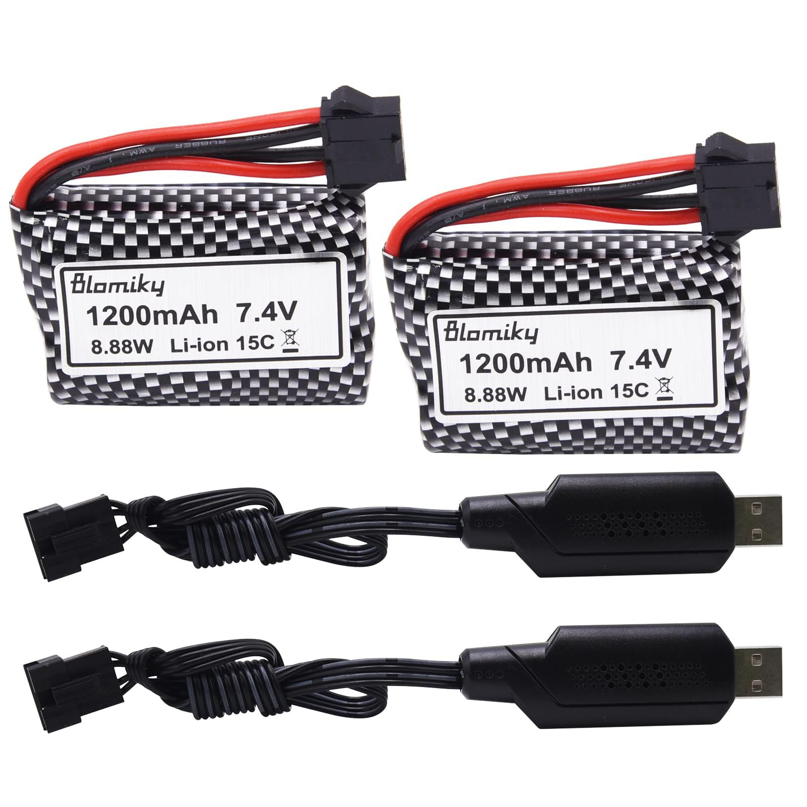 Blomiky 2 Pack 7.4V 1200mAh Li-ion Rechargeable Battery with SM-5P Plug and USB Cable for R208 R308 2008 RC Boat / R208 Battery 2